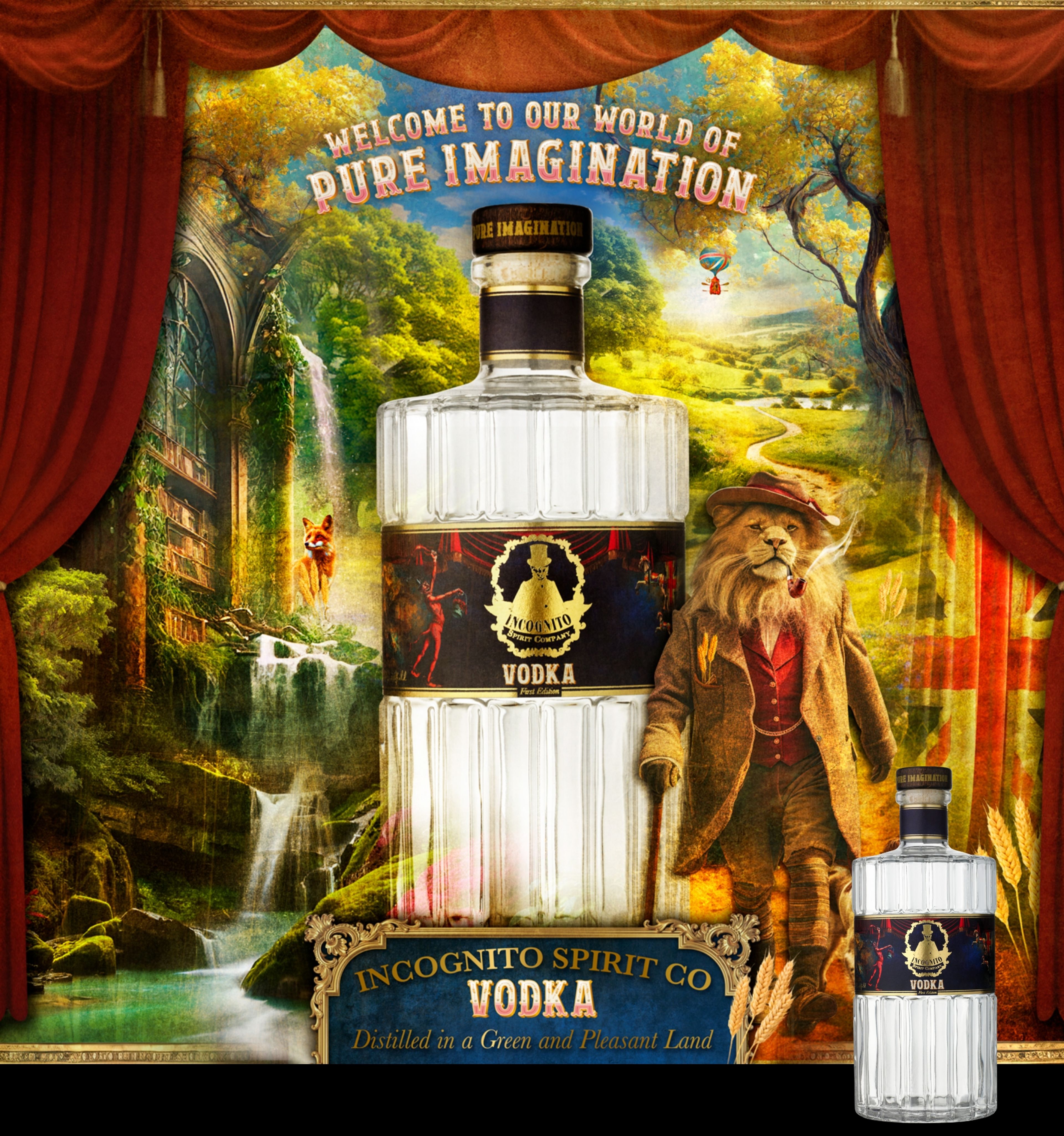 Incognito Spirit Co Vodka bottle artwork with a tweed-clad lion in a green and pleasant landscape
