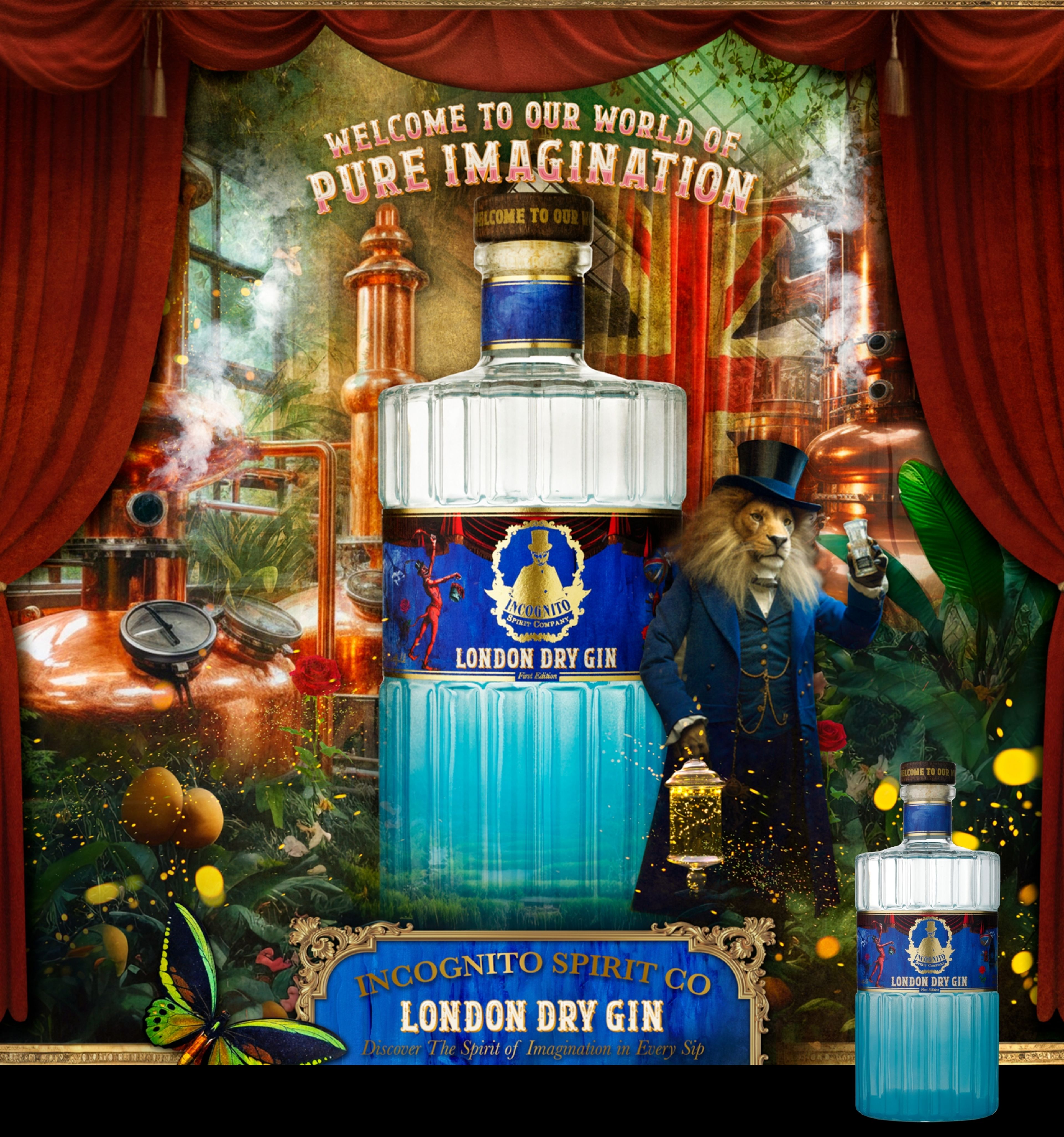 Incognito Spirit Co London Dry Gin bottle artwork with a dapper lion in a theatrical distillery scene