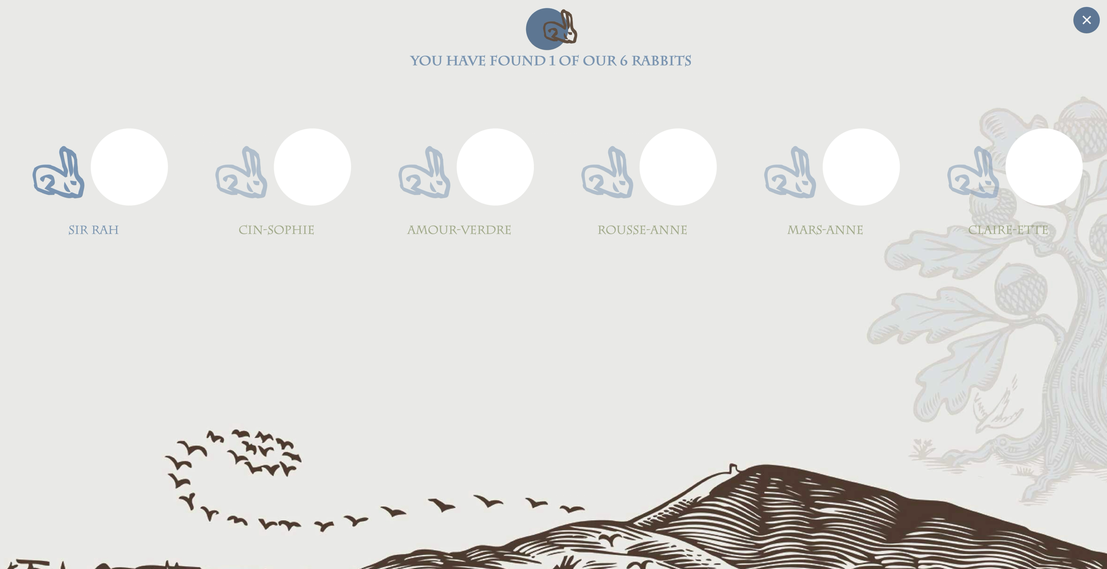 Chêne Bleu bunny hunt progress screen showing one of six hidden rabbits found