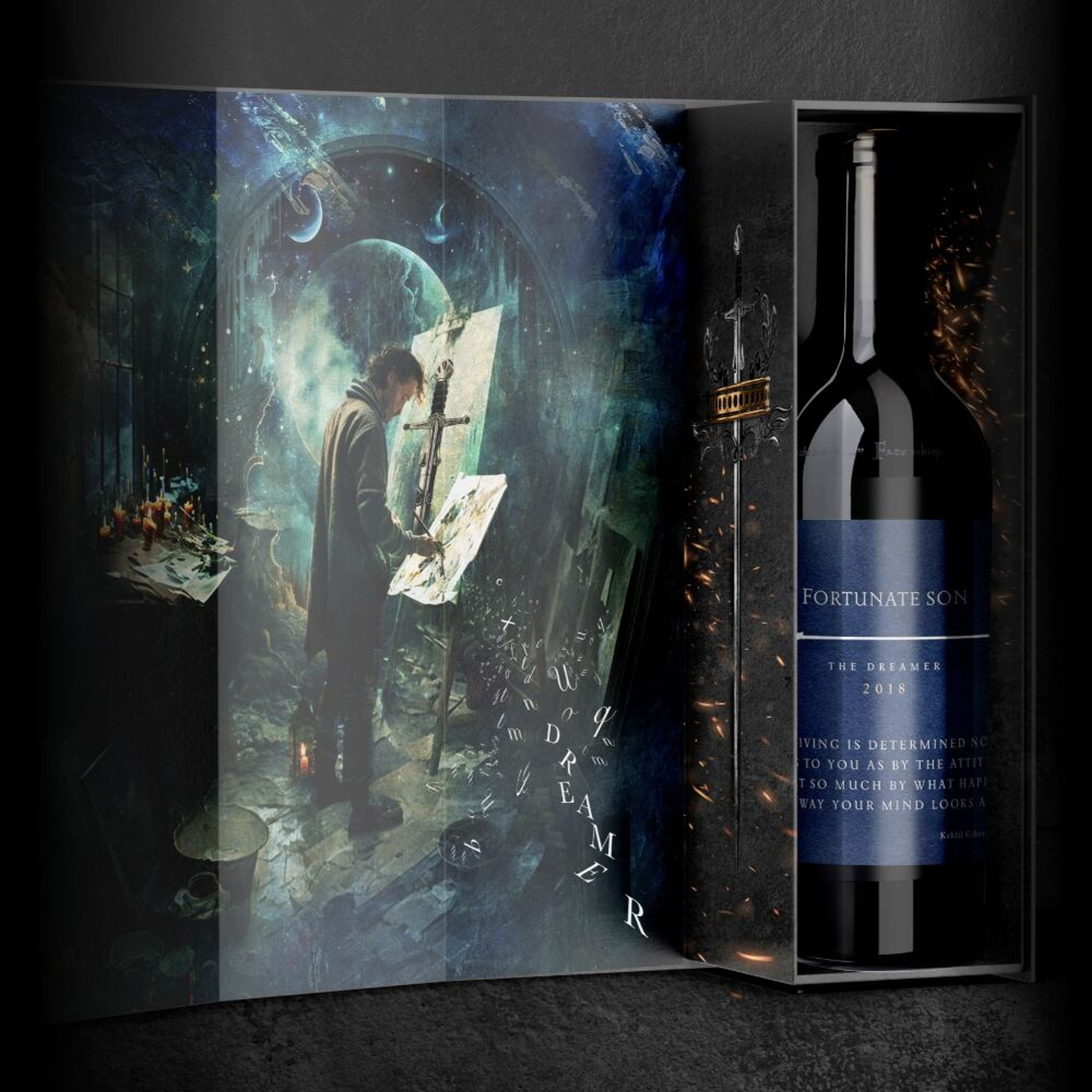 Fortunate Son The Dreamer wine bottle in a presentation box with painterly artist illustration inside the lid