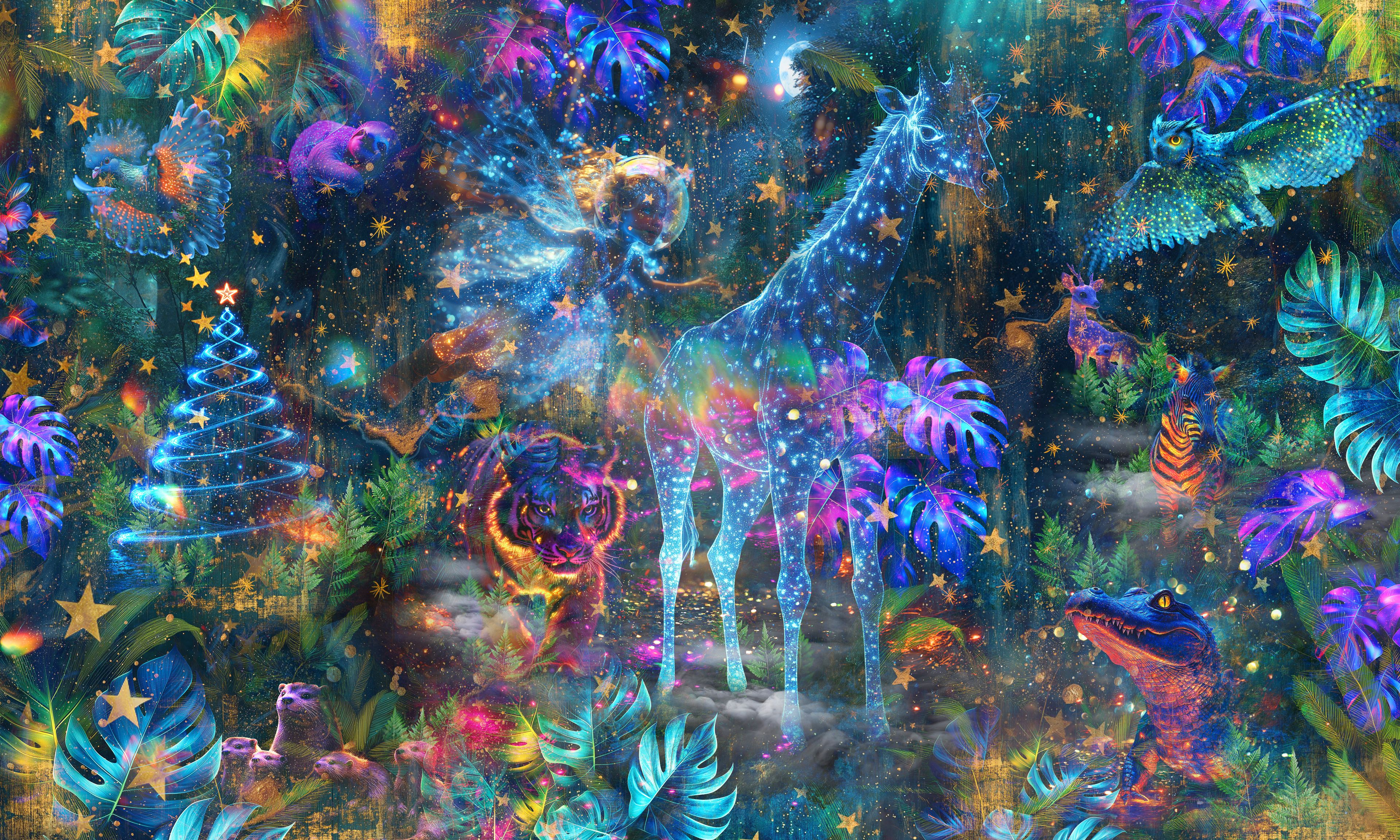 Marwell Zoo campaign artwork of a glowing star-covered giraffe and fairy in an enchanted night-time forest