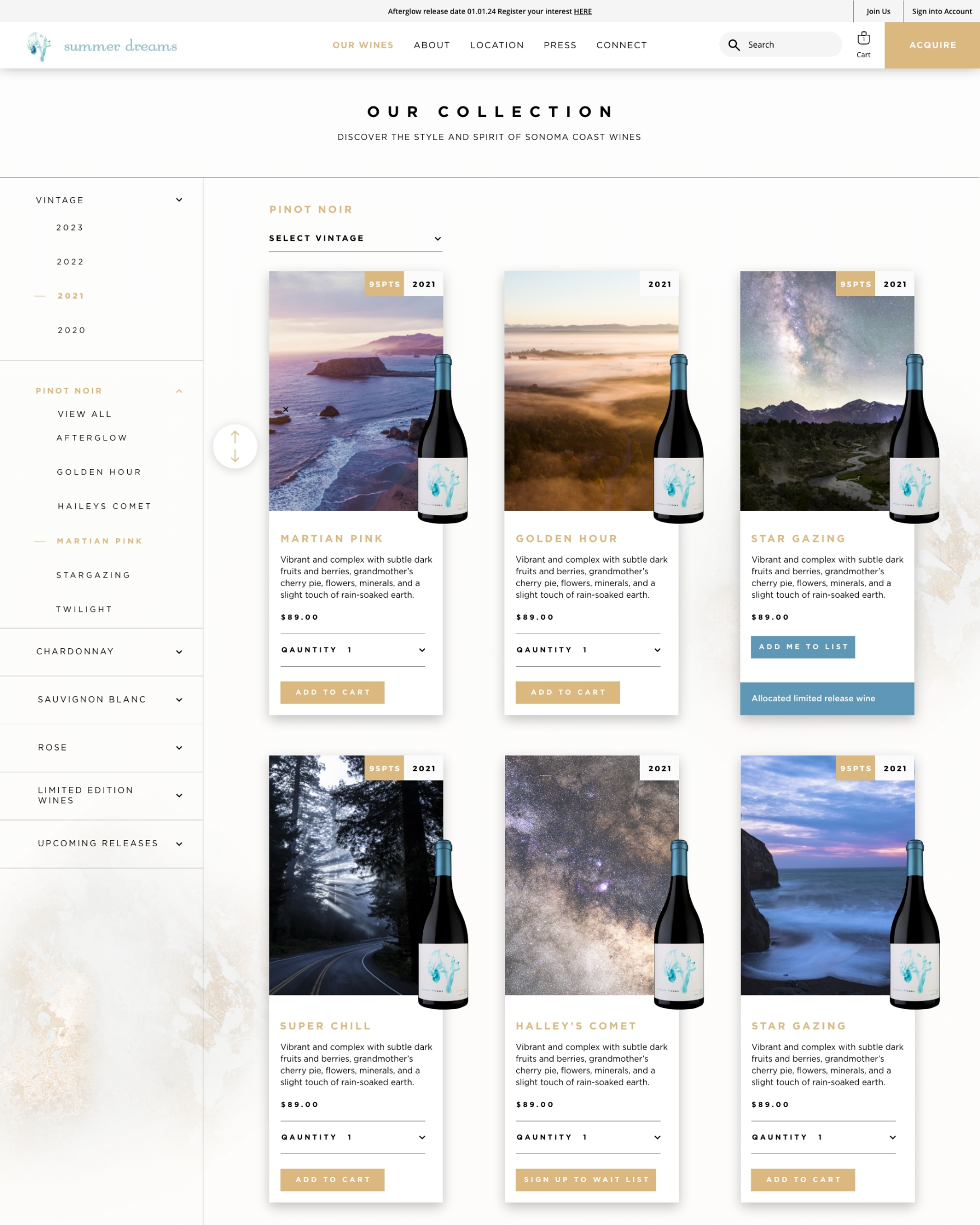 Summer Dreams Wines collection page with Sonoma Coast Pinot Noir bottles set against coastal scenes