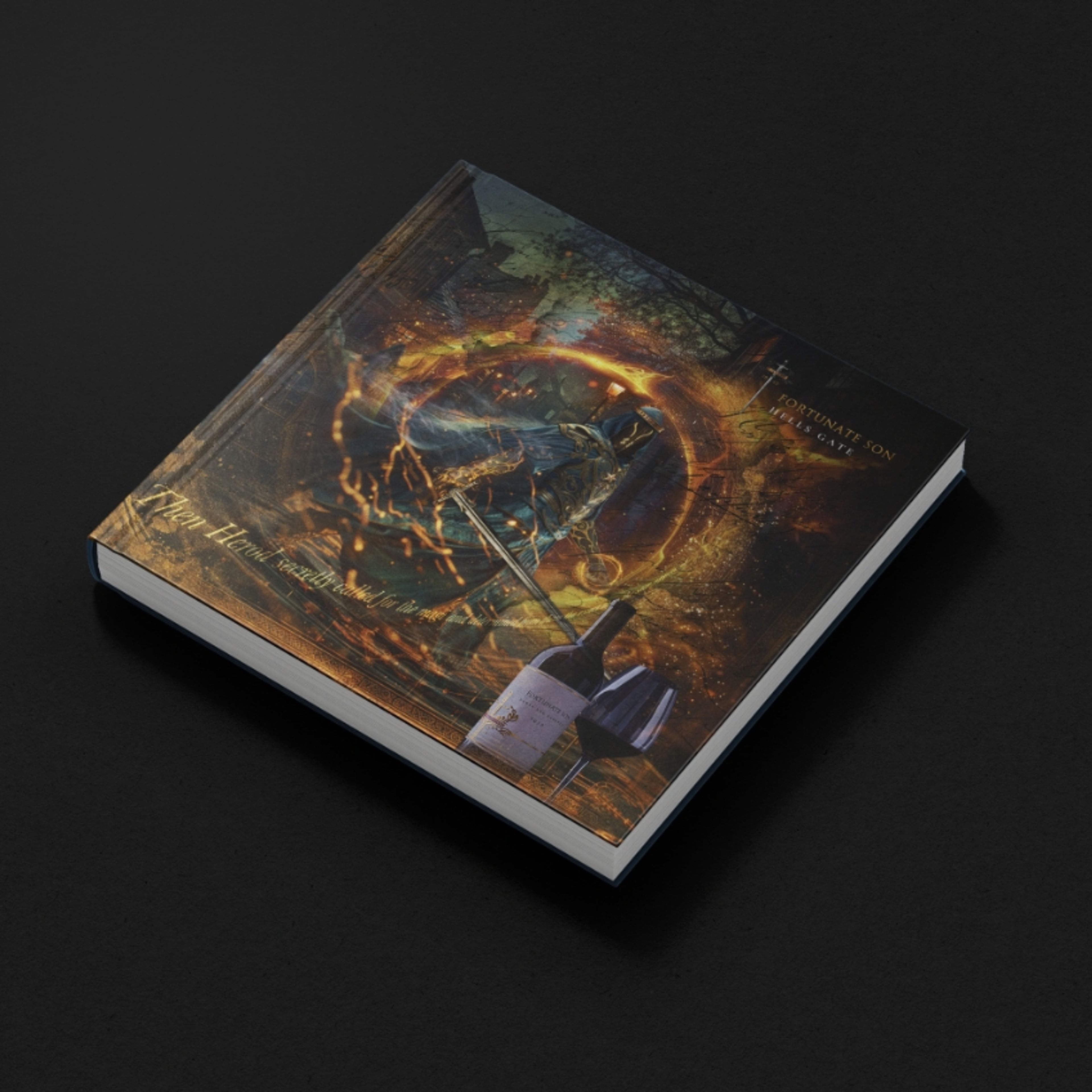 Fortunate Son brand book with the label illustration on its cover, photographed on a black background