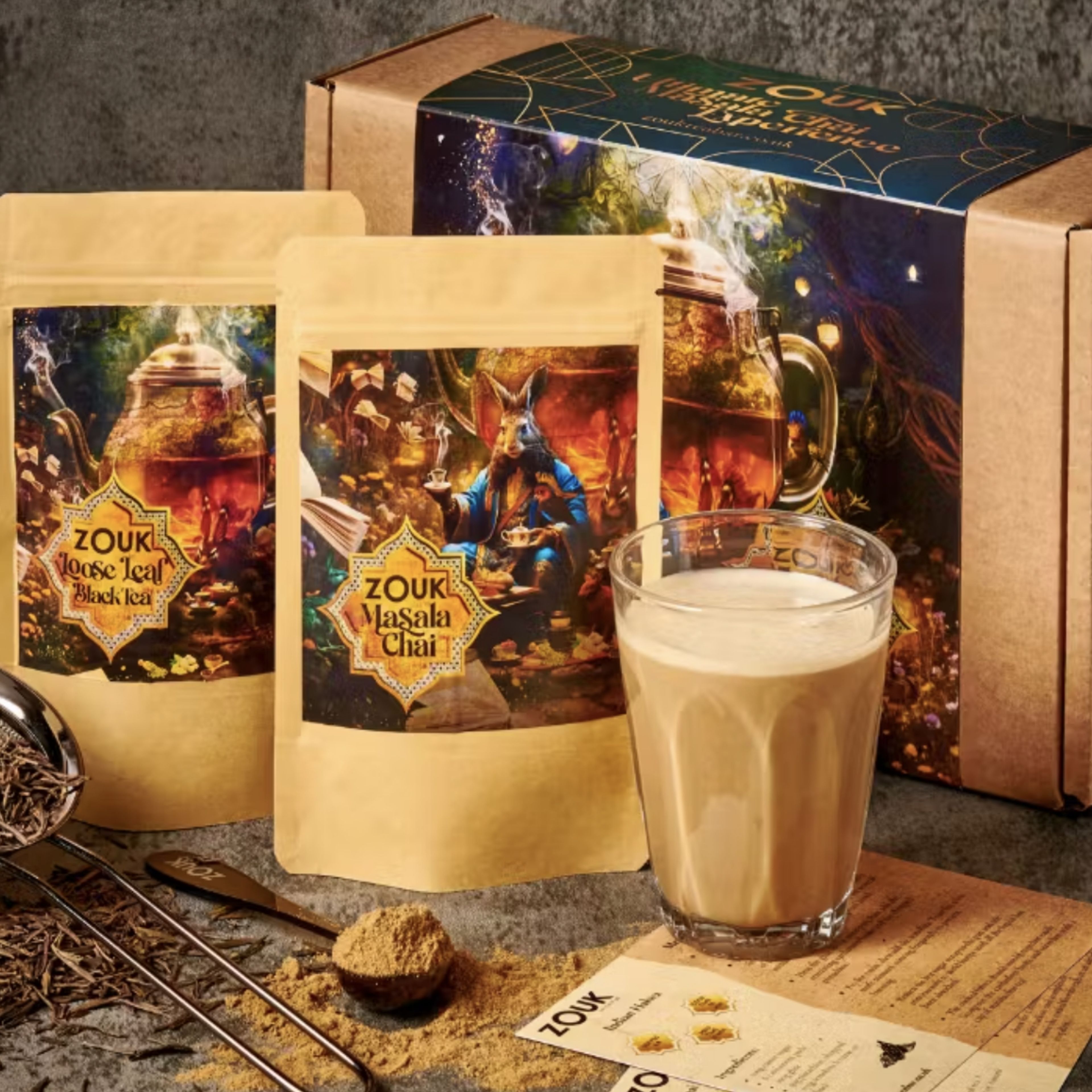 Zouk masala chai gift set with illustrated tea pouches, gift box and a glass of chai