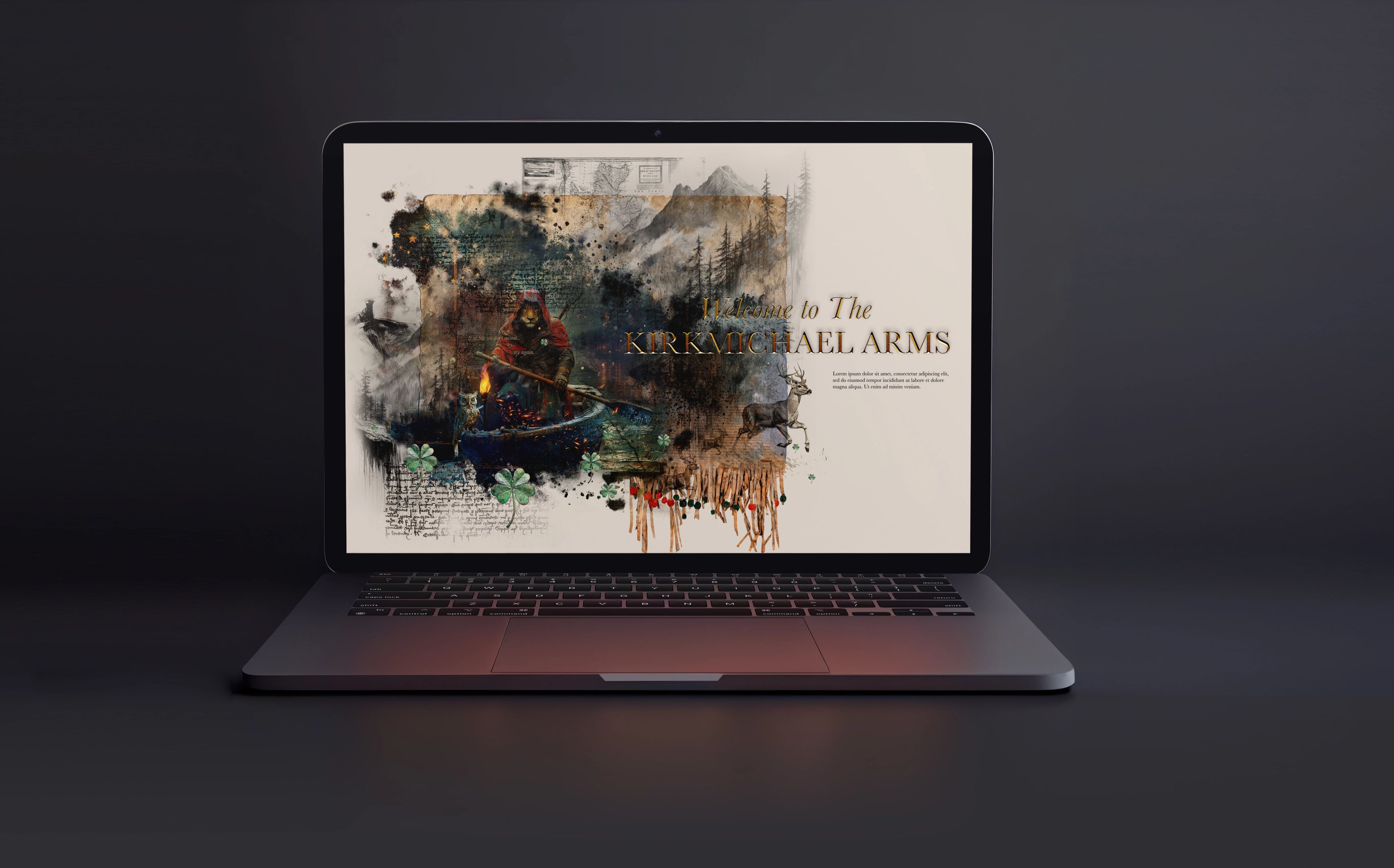 The Kirkmichael Arms pub website with illustrated homepage artwork on a laptop