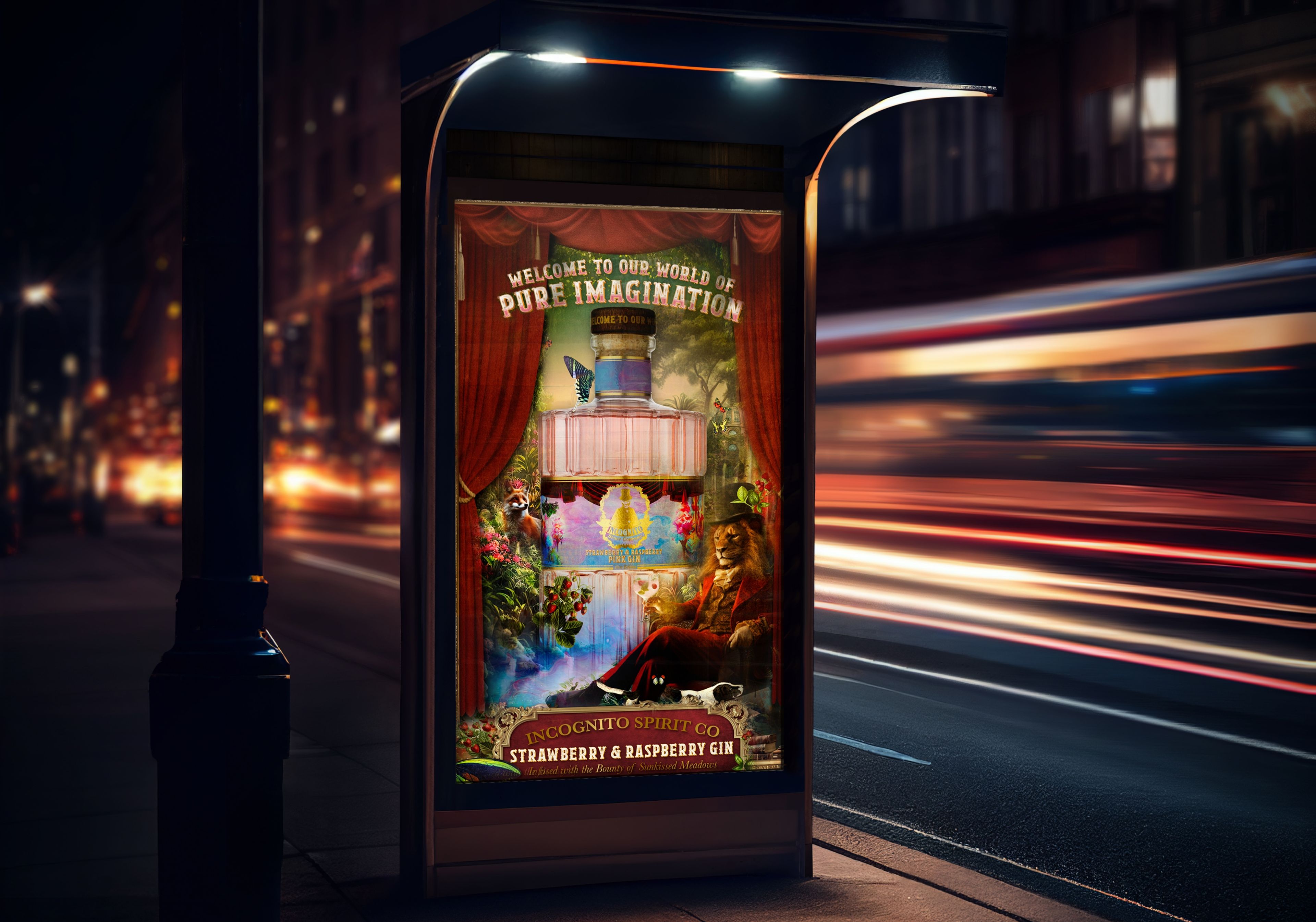 Incognito Spirit Co Strawberry and Raspberry Gin poster on an illuminated bus shelter at night