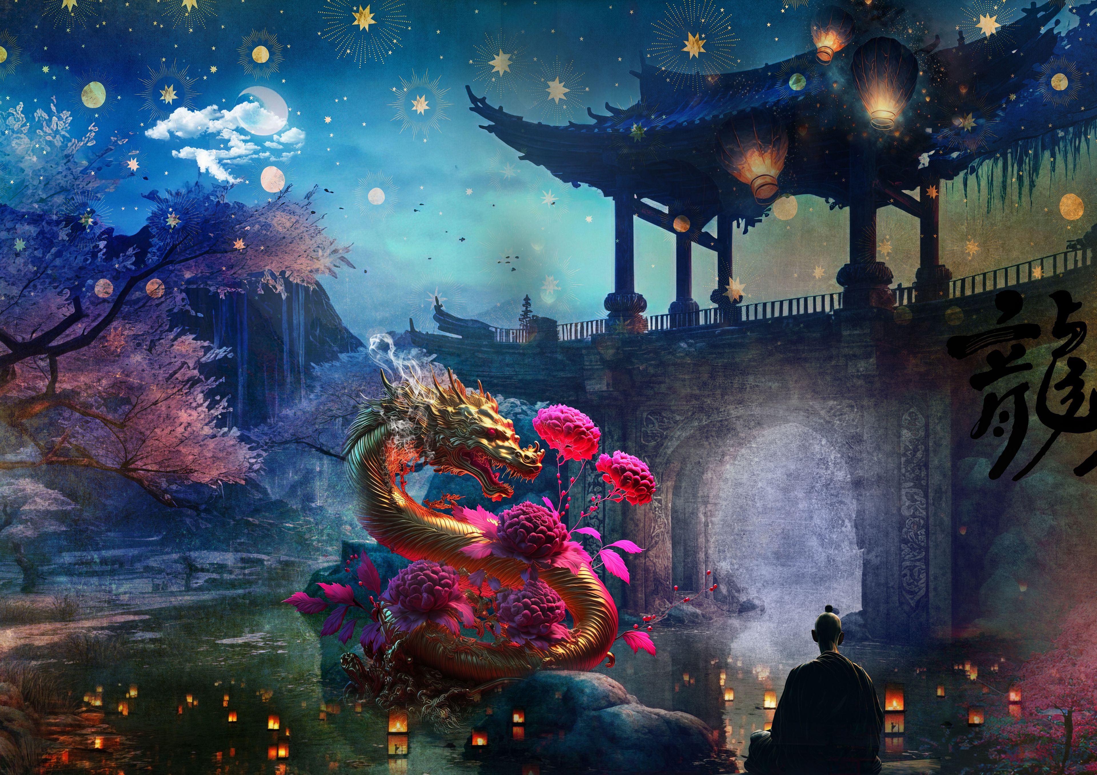 Fantasy Incognito Bars artwork of a golden dragon among pink blooms at a lantern-lit pagoda