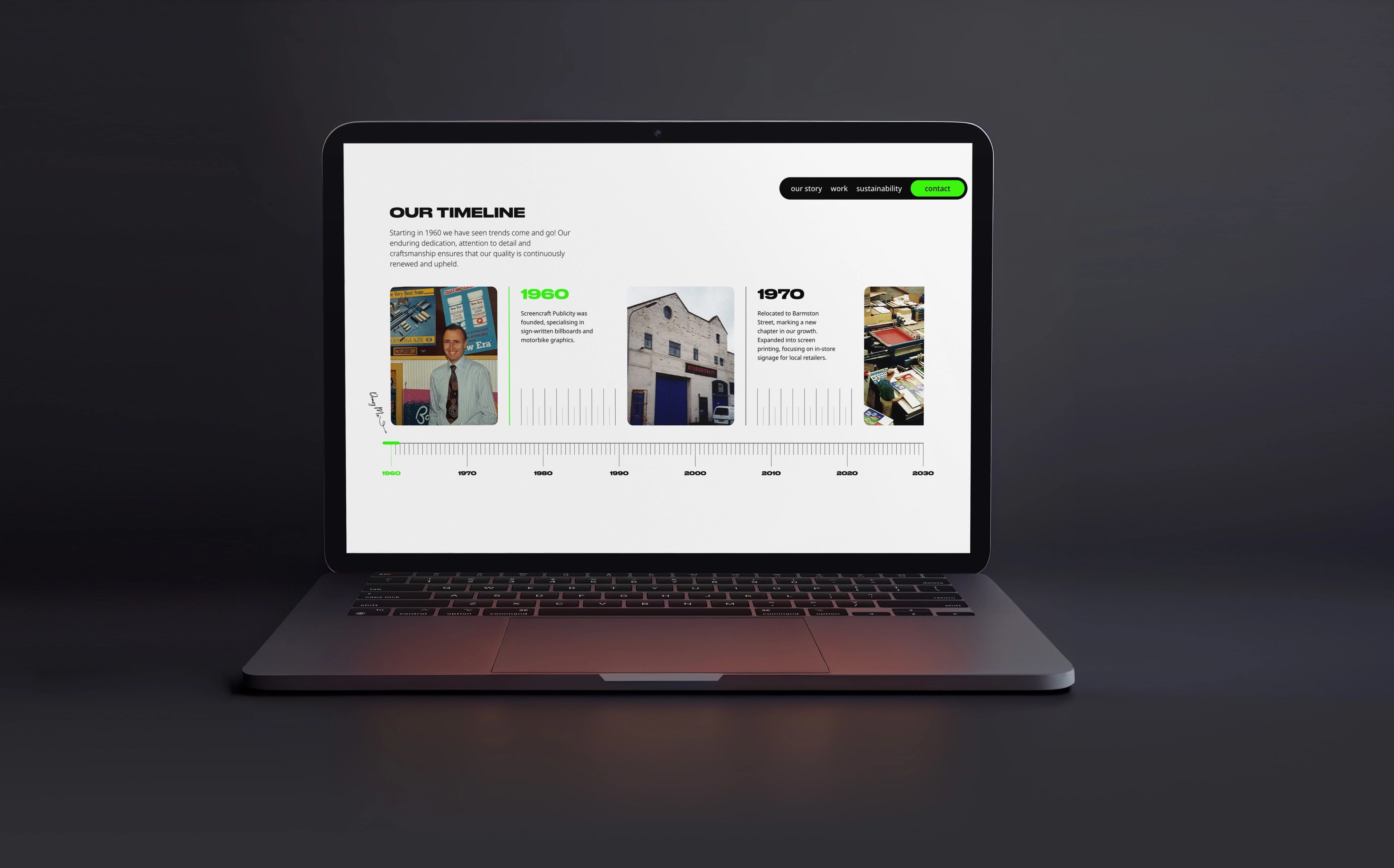 Screencraft website timeline page on a laptop, charting the company's history from 1960