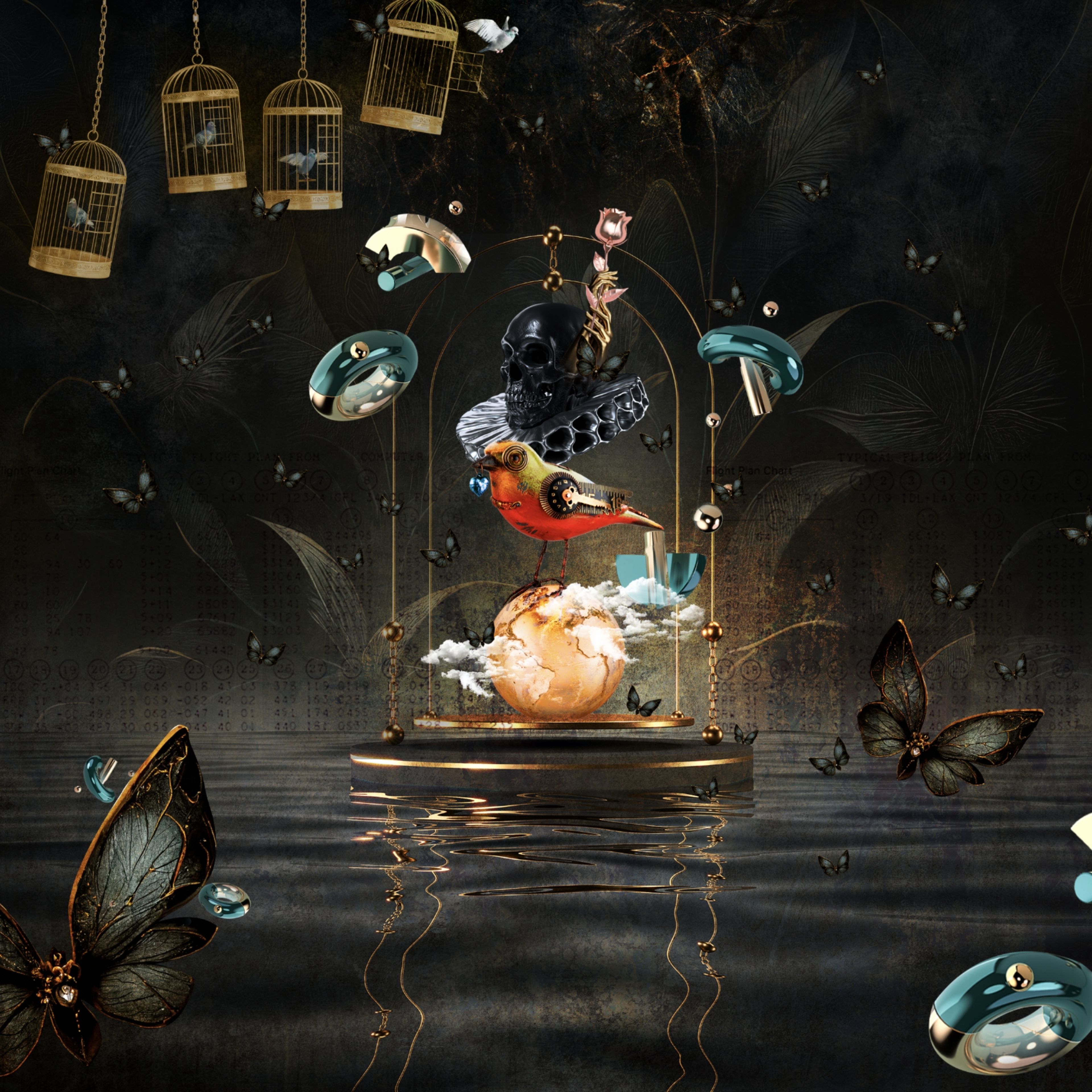 Dark Zouk artwork of gilded birdcages, a skull and an exotic bird above still water with butterflies