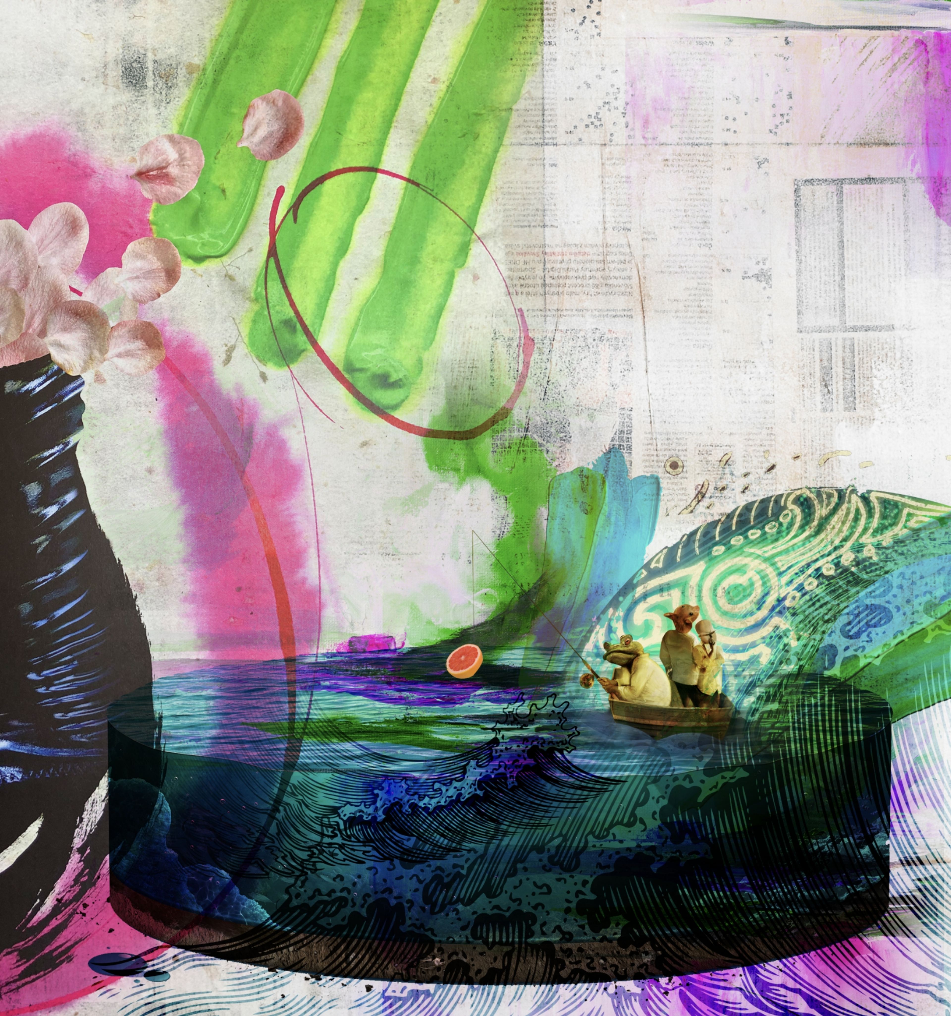 Colourful collage for The Fat Duck of figures rowing a small boat across an inky painted sea