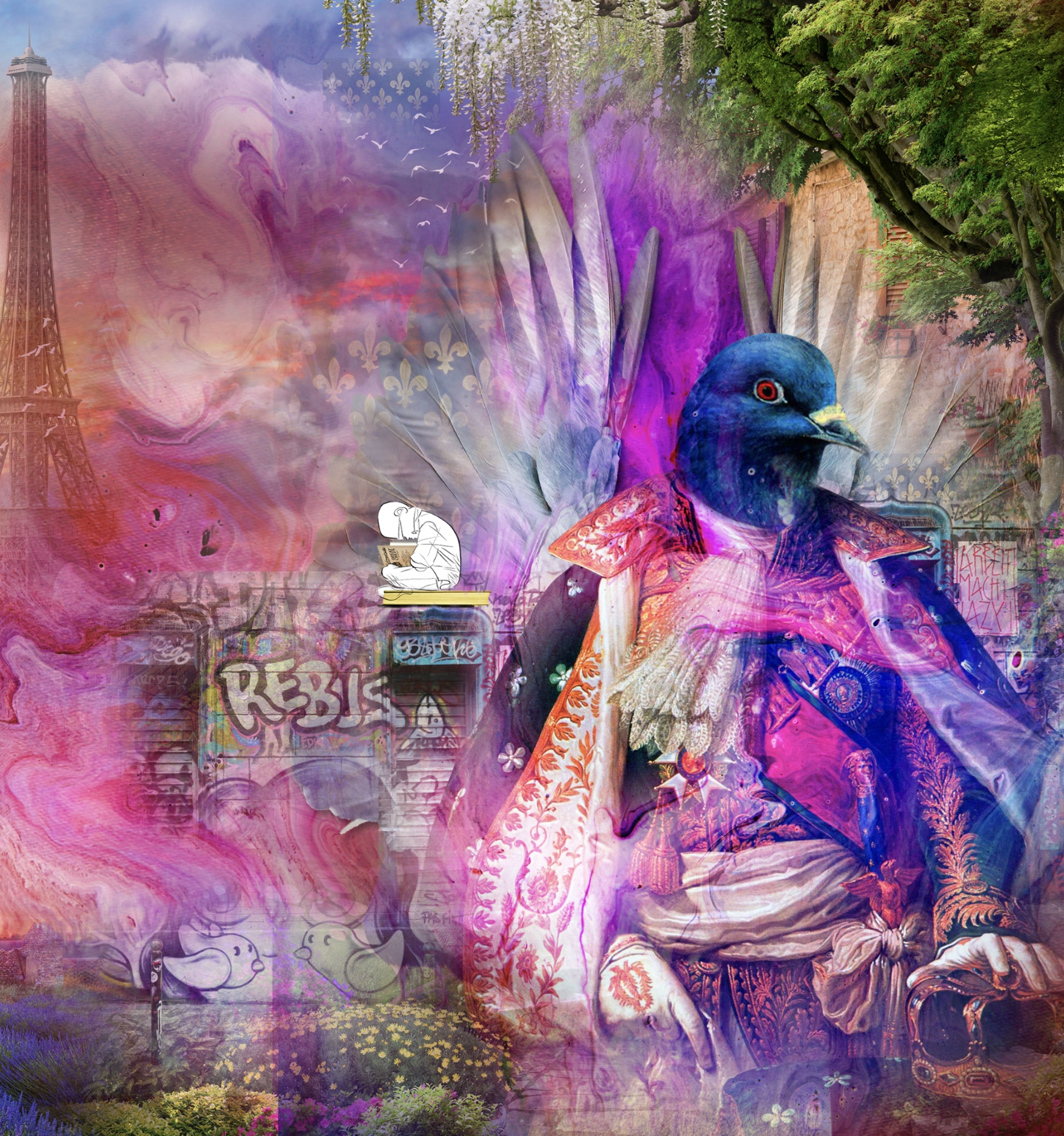 The Fat Duck illustration of a pigeon dressed in regal French costume beside the Eiffel Tower