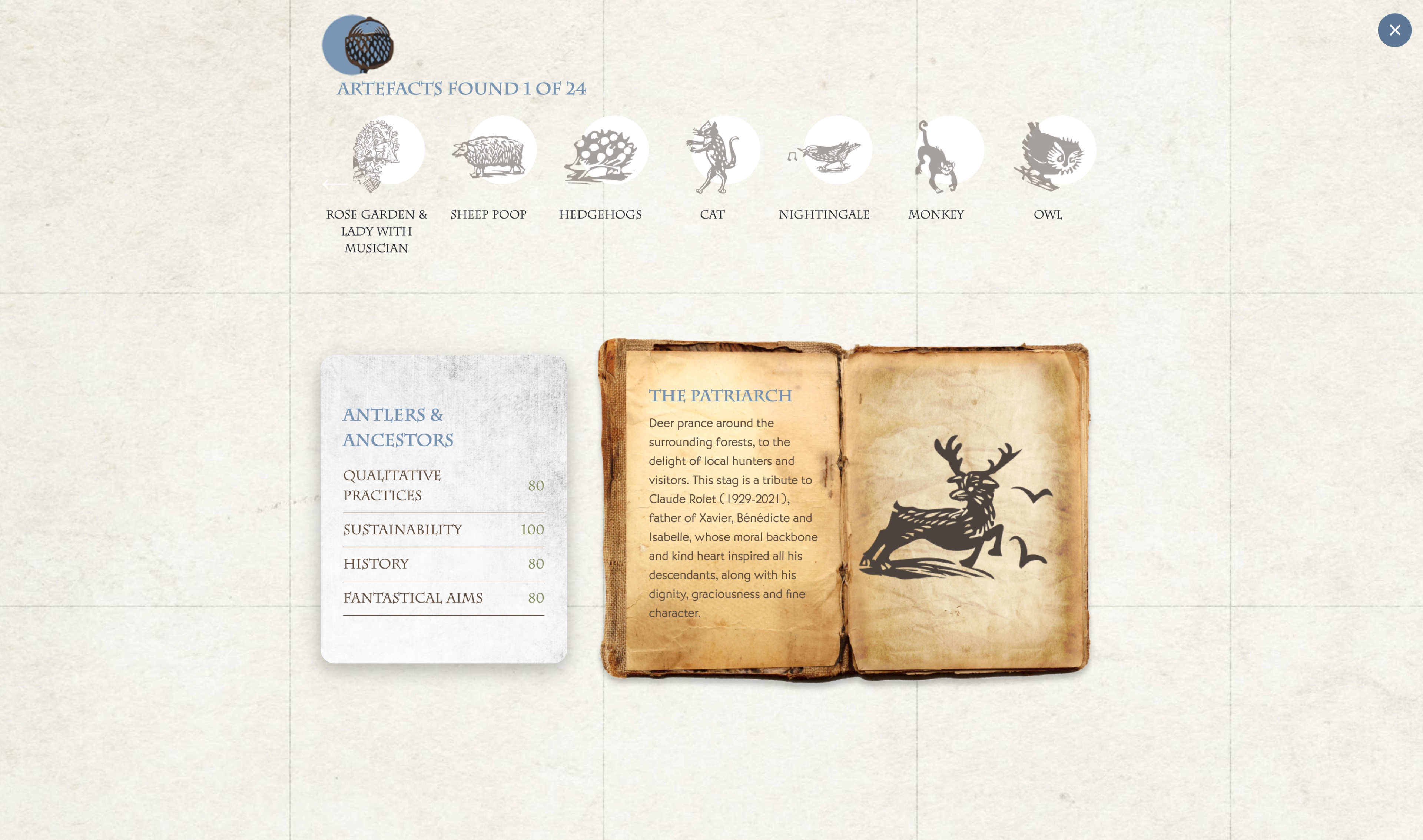 Artefact collection screen from the Chêne Bleu interactive label, with a storybook page open on The Patriarch stag