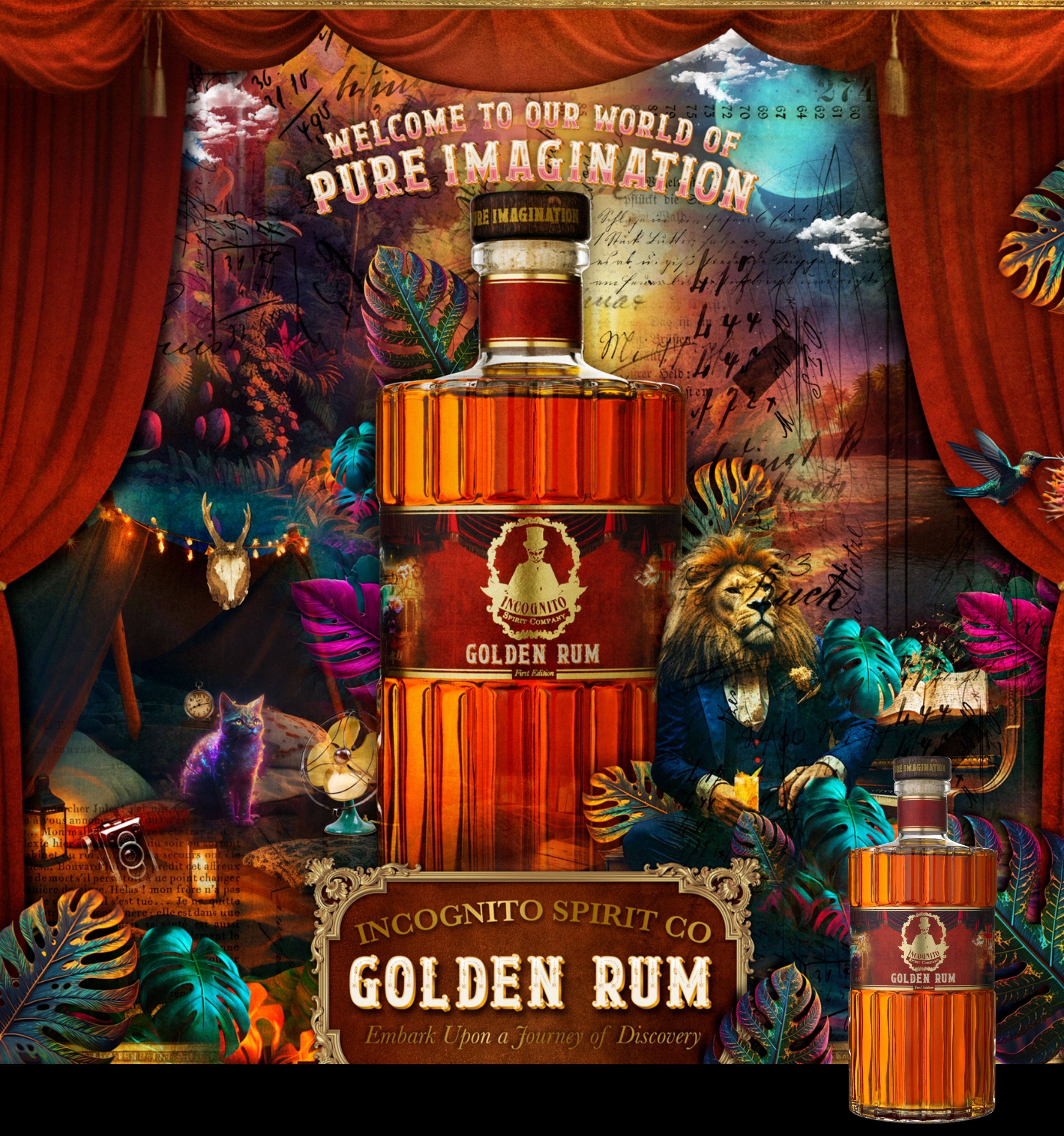 Incognito Spirit Co Golden Rum bottle artwork with a lion amid a richly illustrated campsite scene