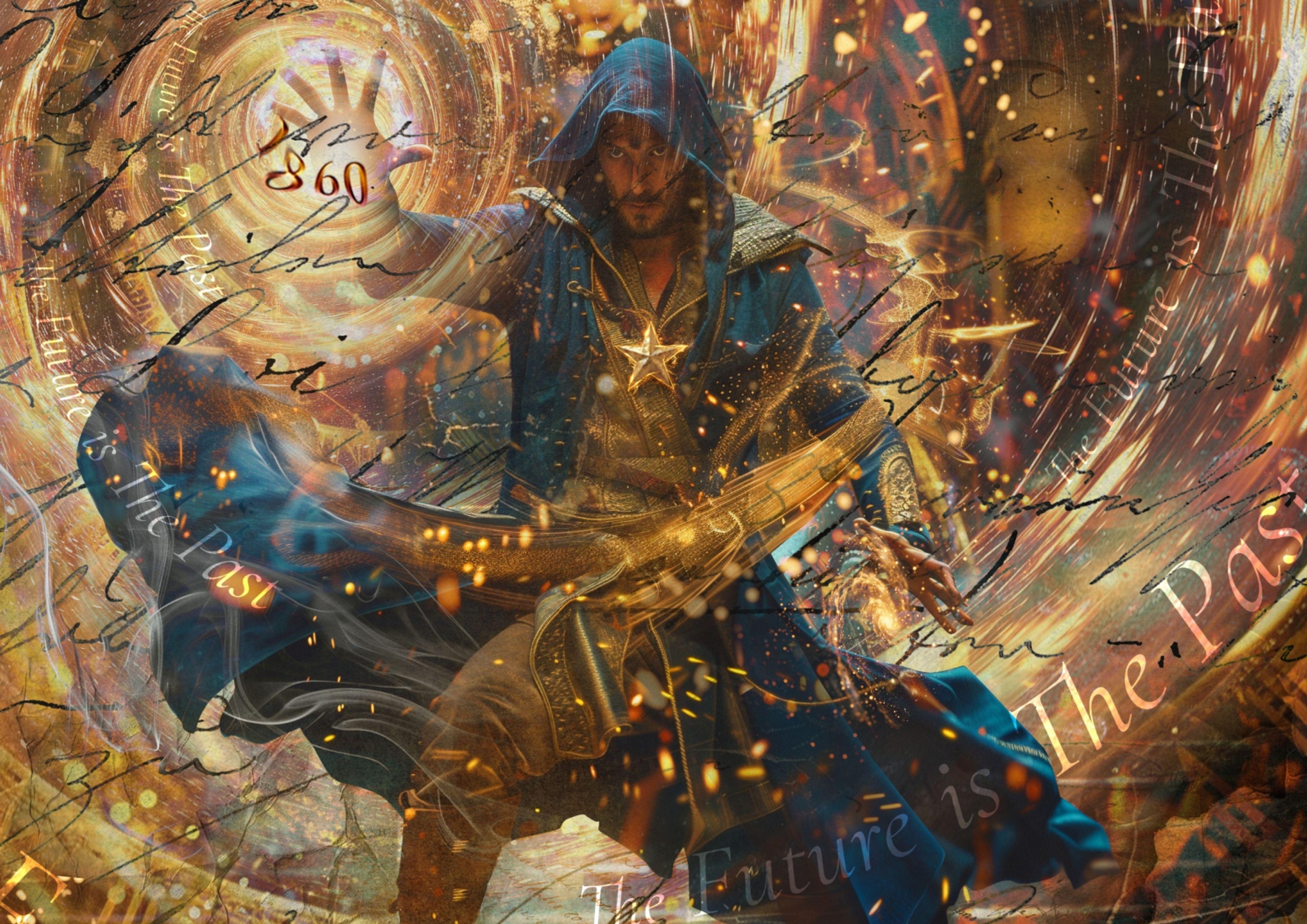Fortunate Son label artwork of an adventurer amid swirling golden light, inscribed The Future is The Past