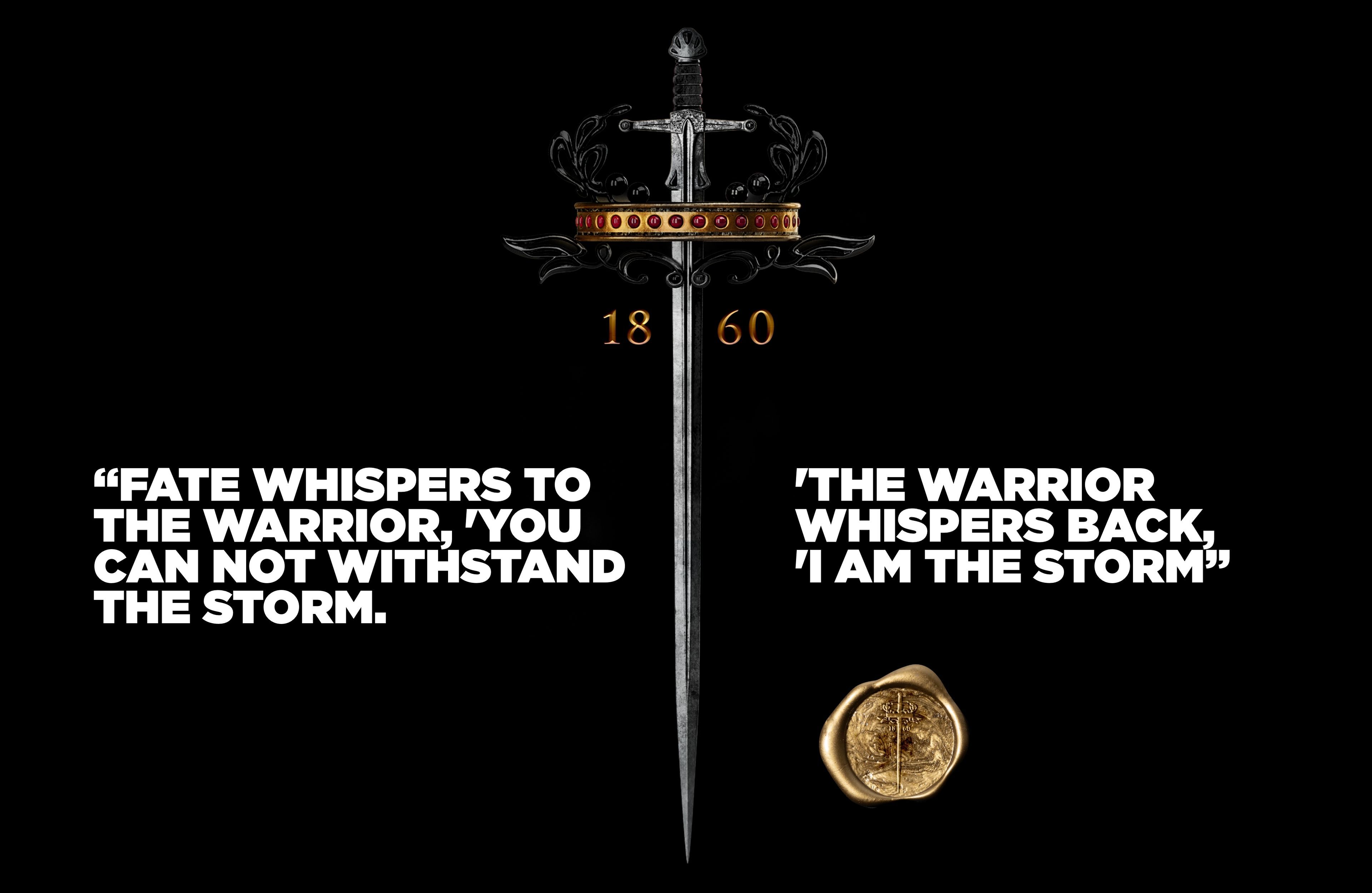 Fortunate Son Warrior wine artwork of a sword and crown above the fate whispers to the warrior quote