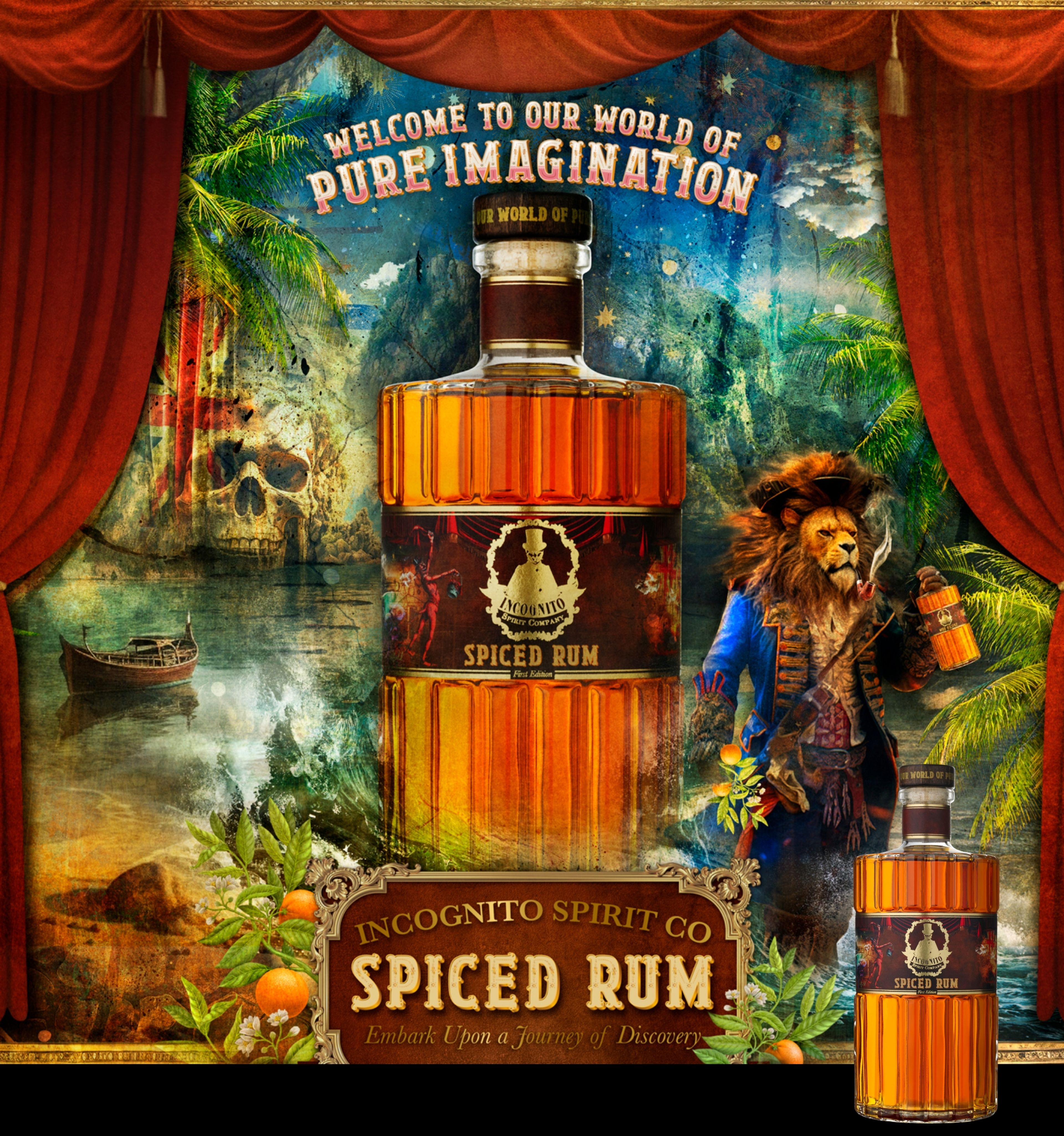 Incognito Spirit Co Spiced Rum bottle artwork with a pirate lion on a tropical island stage set
