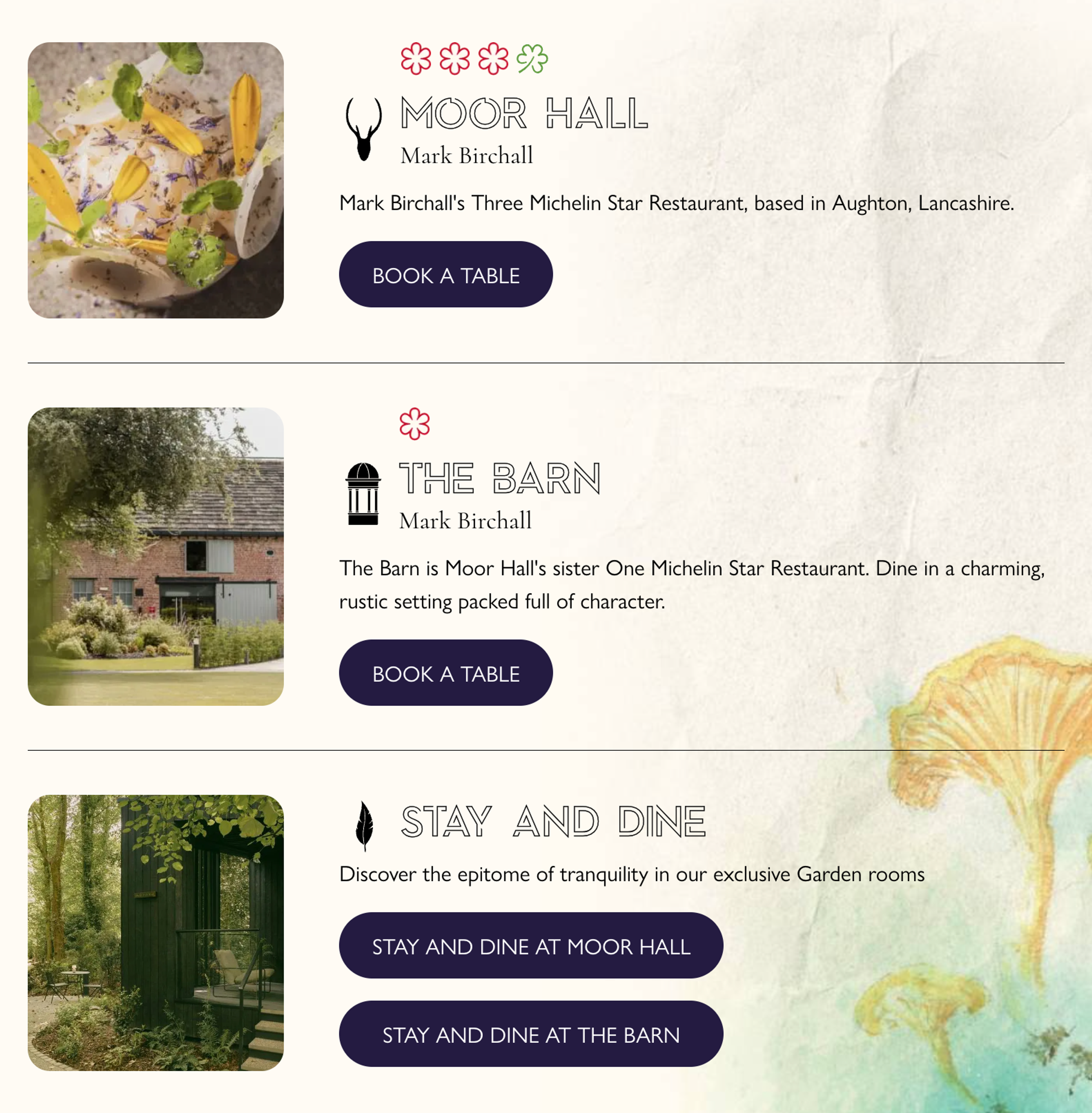 Moor Hall booking page for Moor Hall, The Barn and Stay and Dine, with a watercolour mushroom illustration