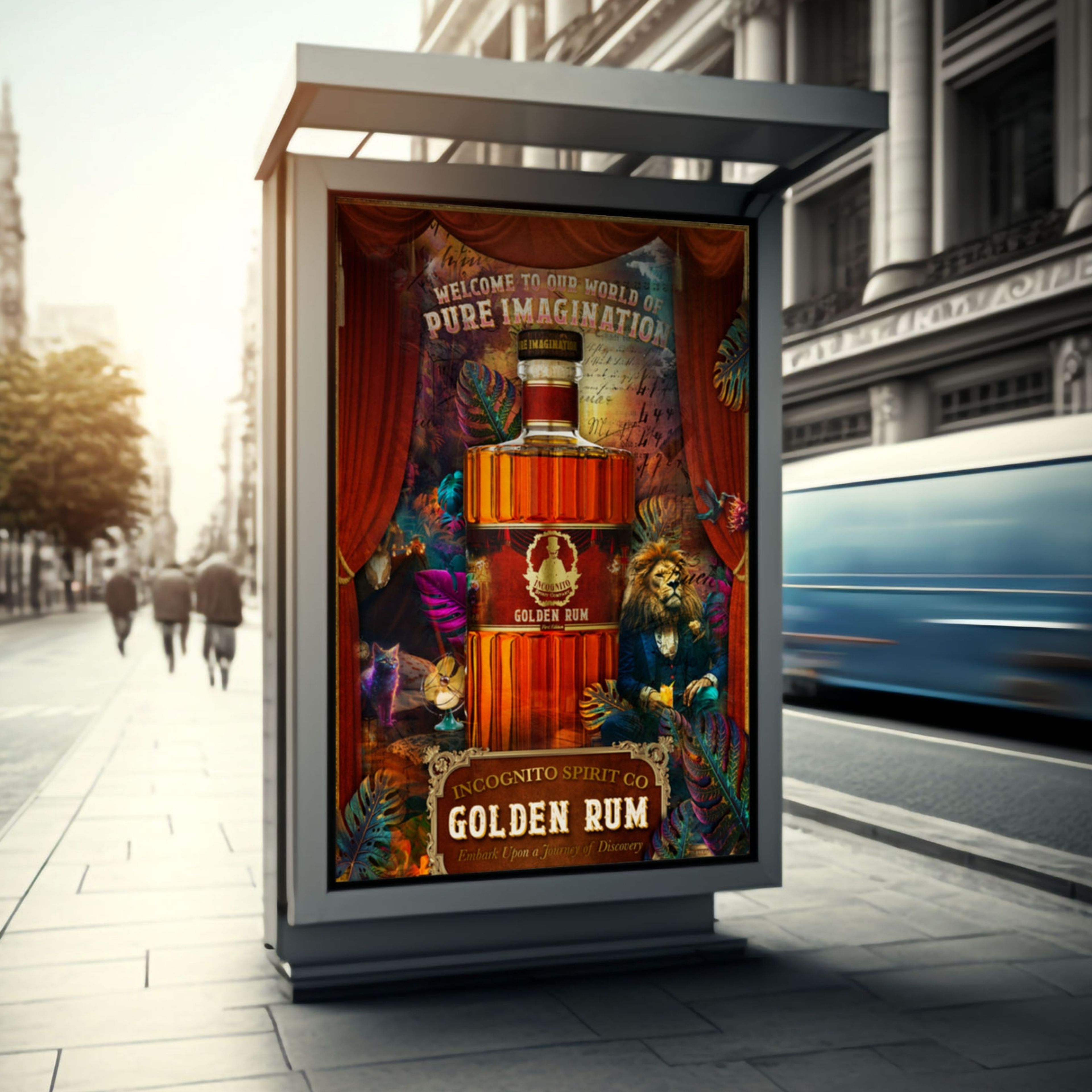 Incognito Spirit Co Golden Rum poster displayed in a street advertising panel