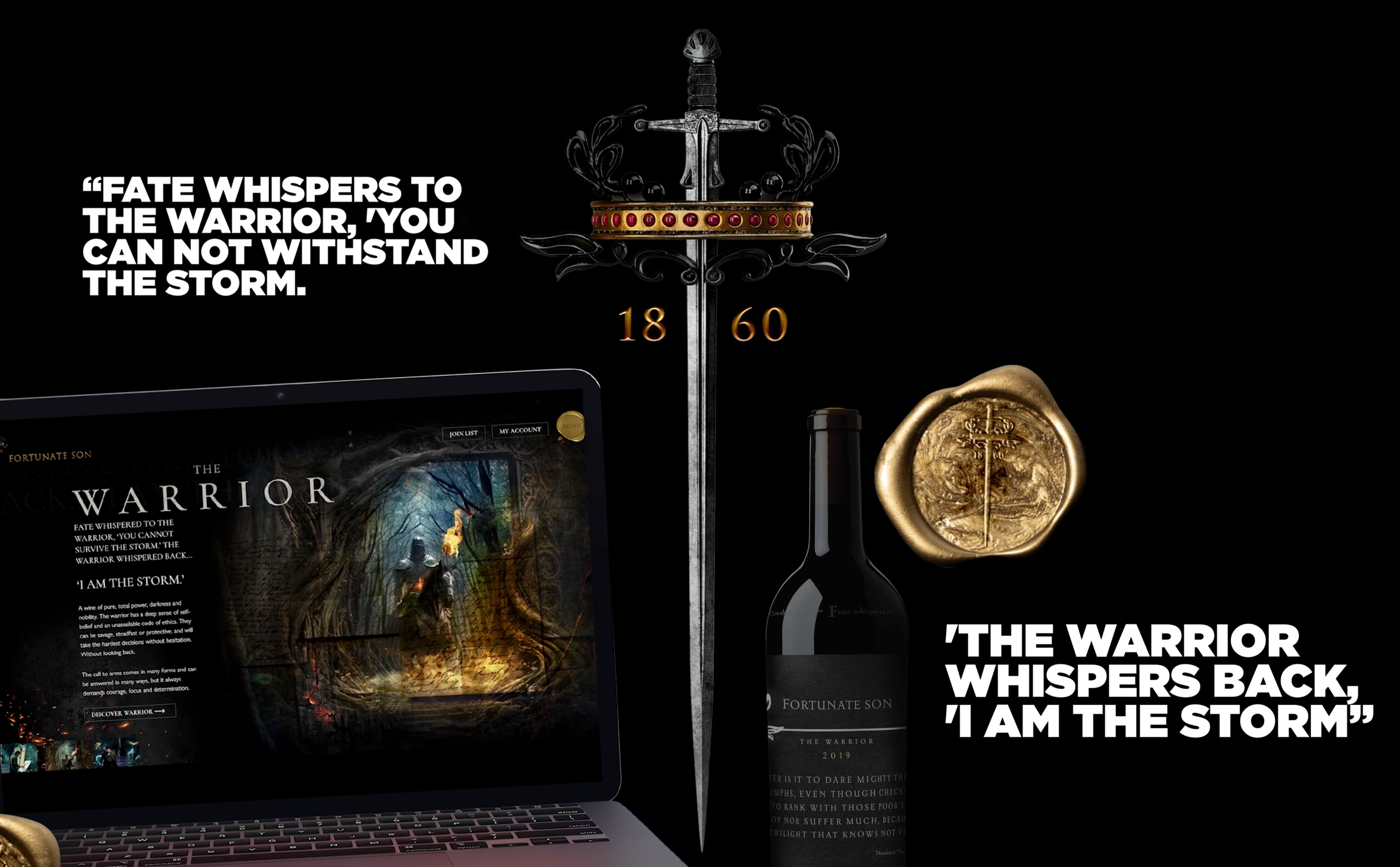 The Warrior wine brand website on a laptop beside the bottle, sword emblem and gold wax seal
