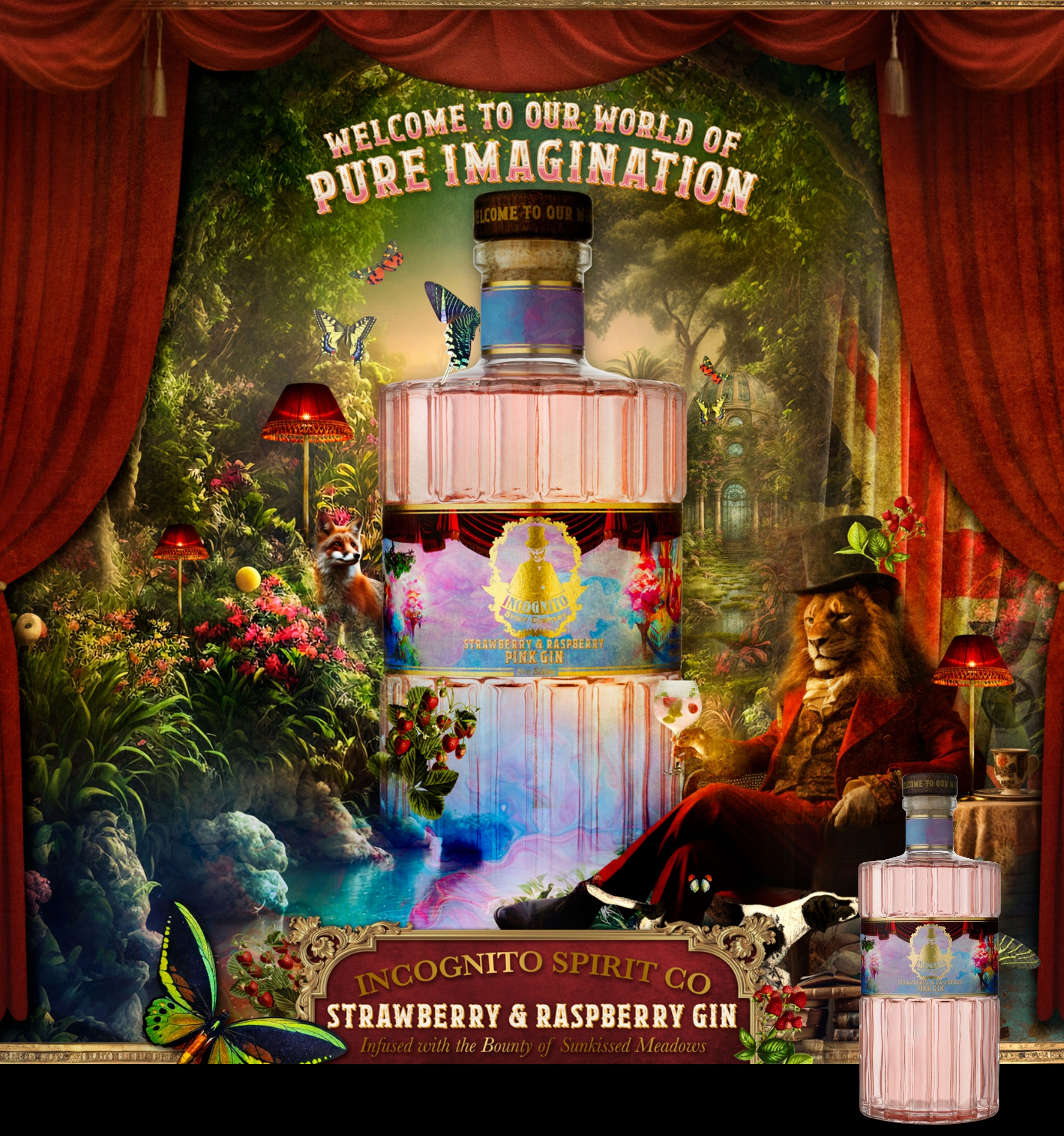 Incognito Spirit Co Strawberry and Raspberry Gin artwork with a lounging lion in an enchanted woodland
