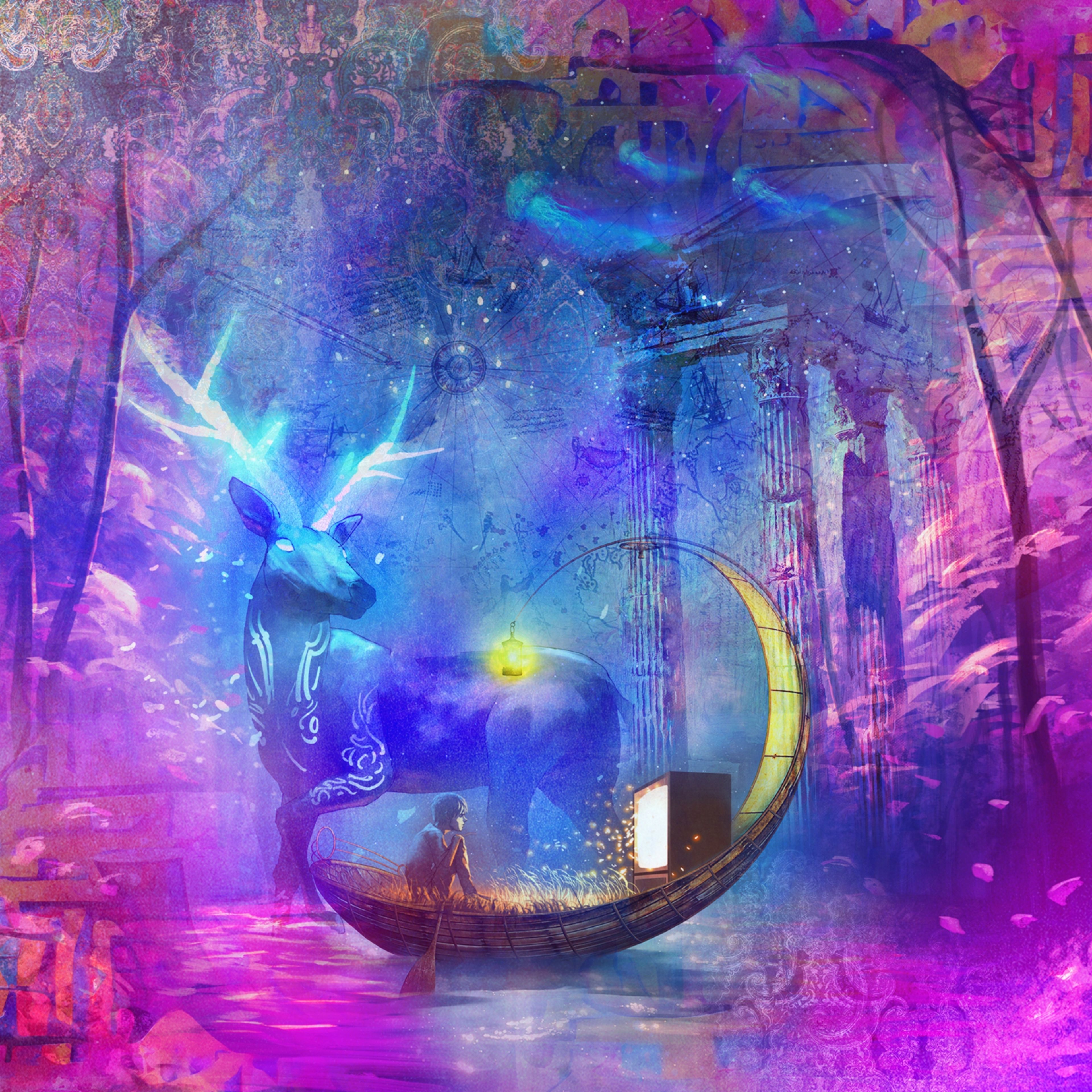 Fantastical Lokma artwork of a glowing stag beside a figure rowing a crescent-moon boat