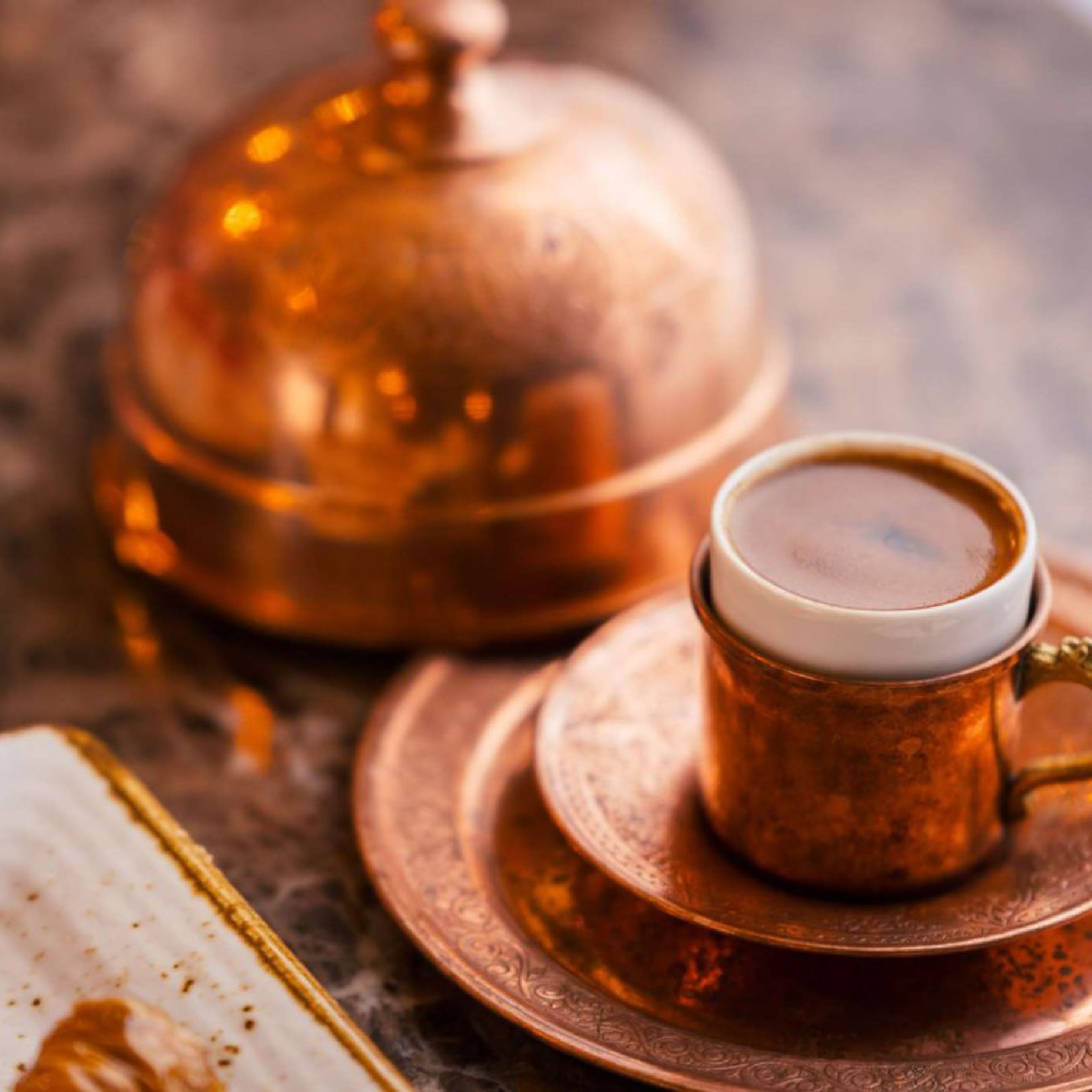 Turkish coffee served in an ornate copper cup and domed server at Lokma Westfield