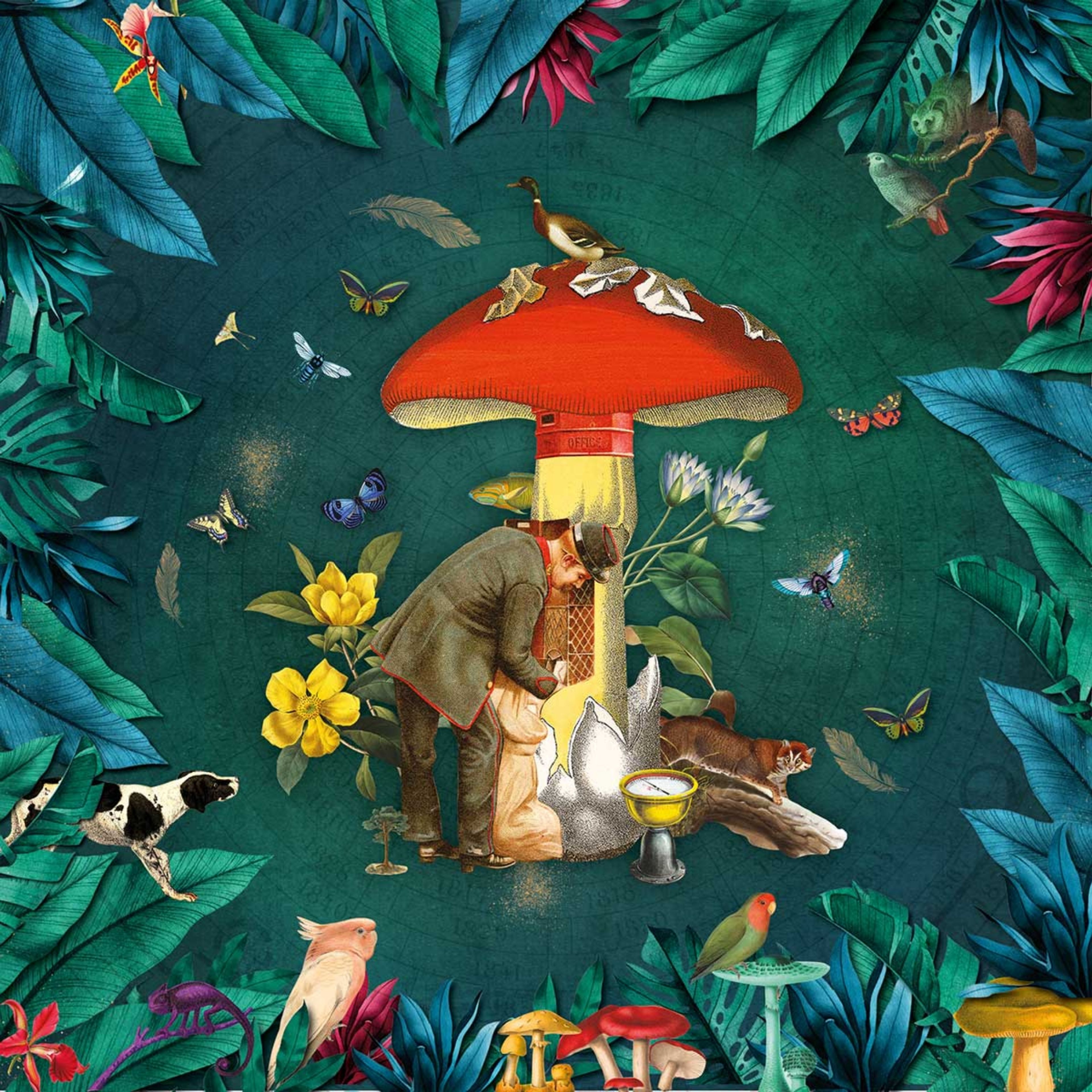 Surreal Incognito Bars artwork of a Victorian gentleman foraging beneath a giant red toadstool