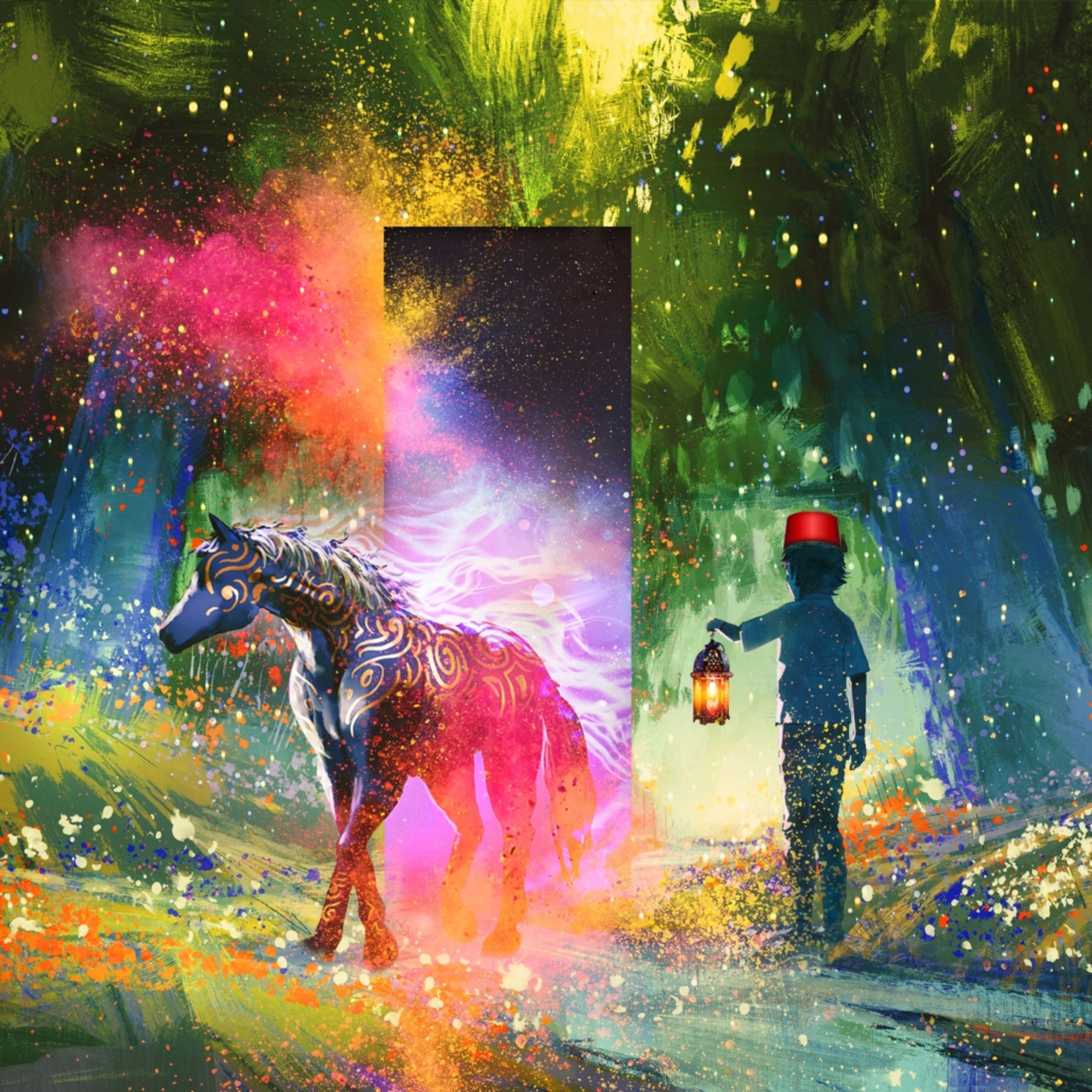 Fantasy illustration of a boy with a lantern meeting a brightly patterned horse at a glowing doorway