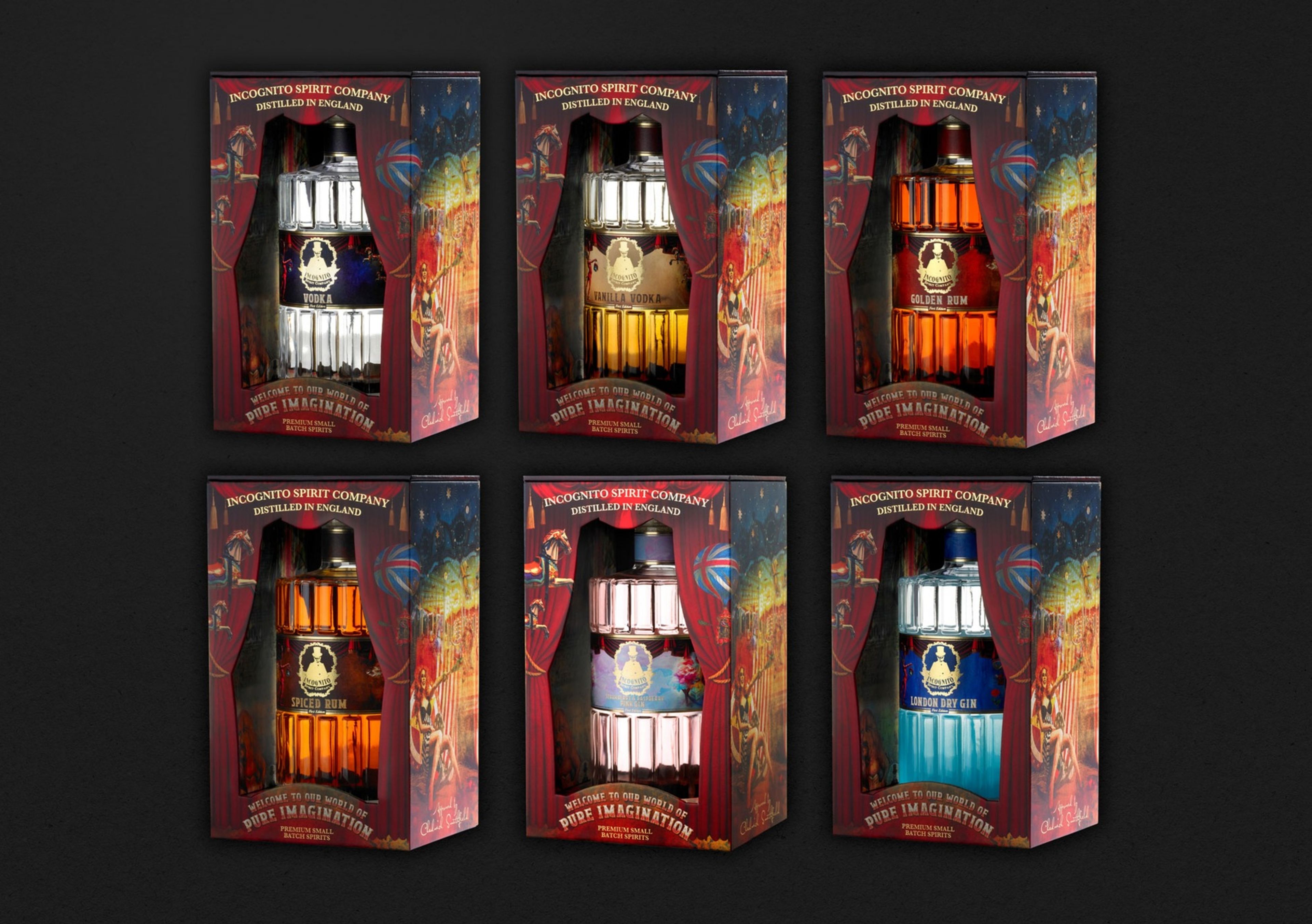 Six windowed Incognito Spirit Co gift boxes packaging the gin, vodka and rum range