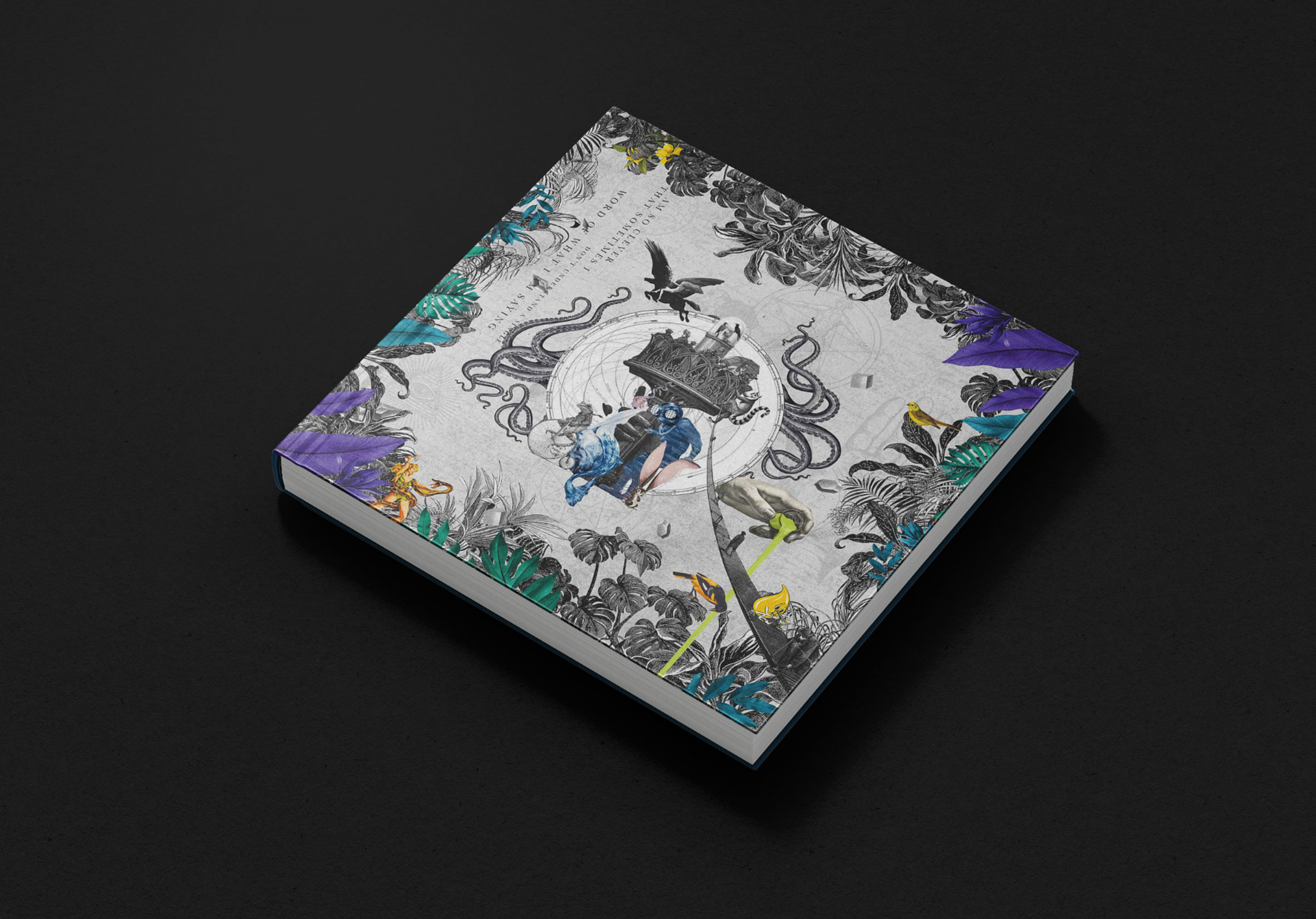 Book cover design with an intricate hand-drawn jungle illustration and touches of colour