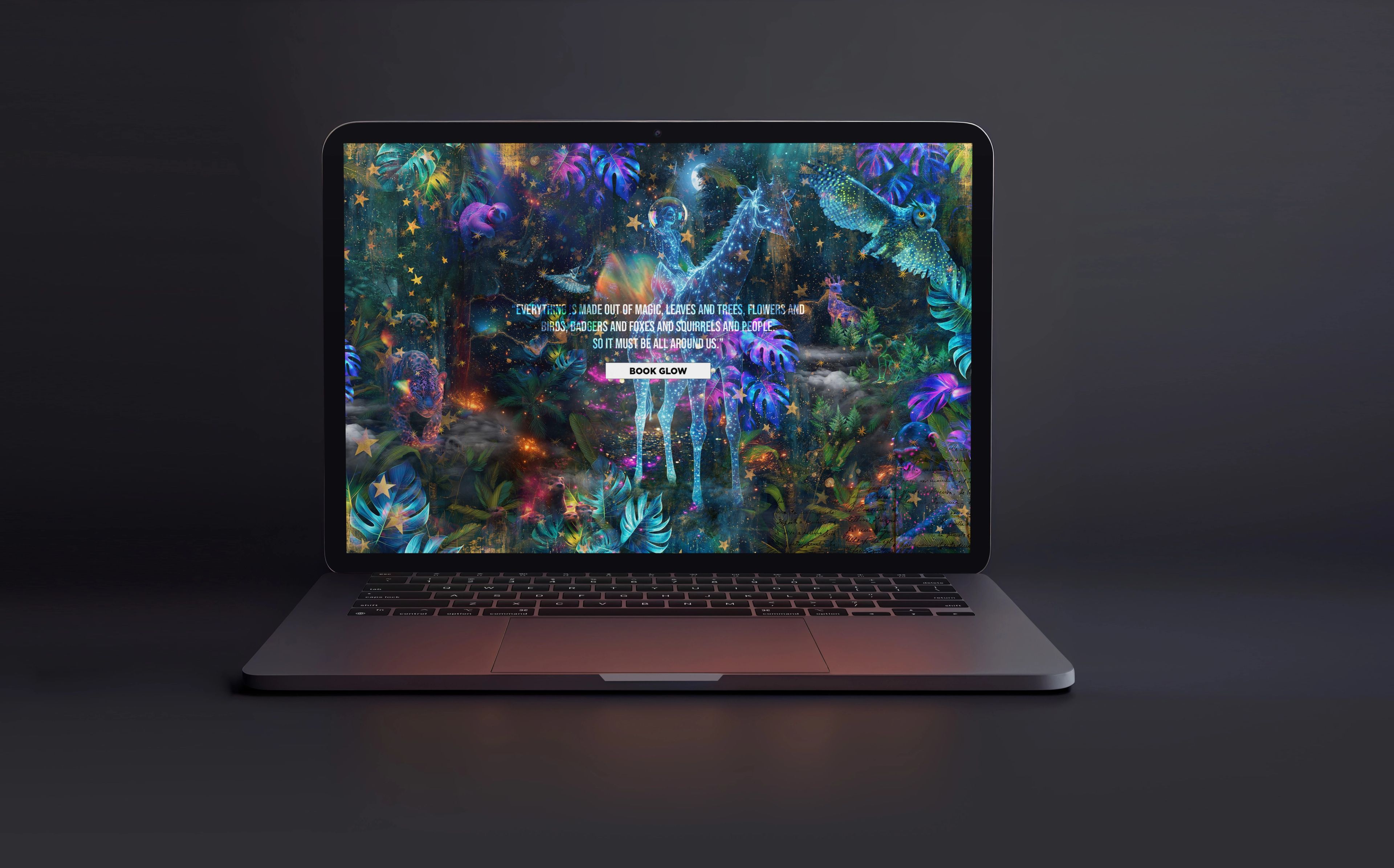 Laptop showing an enchanted glowing forest event website with a Book Now button