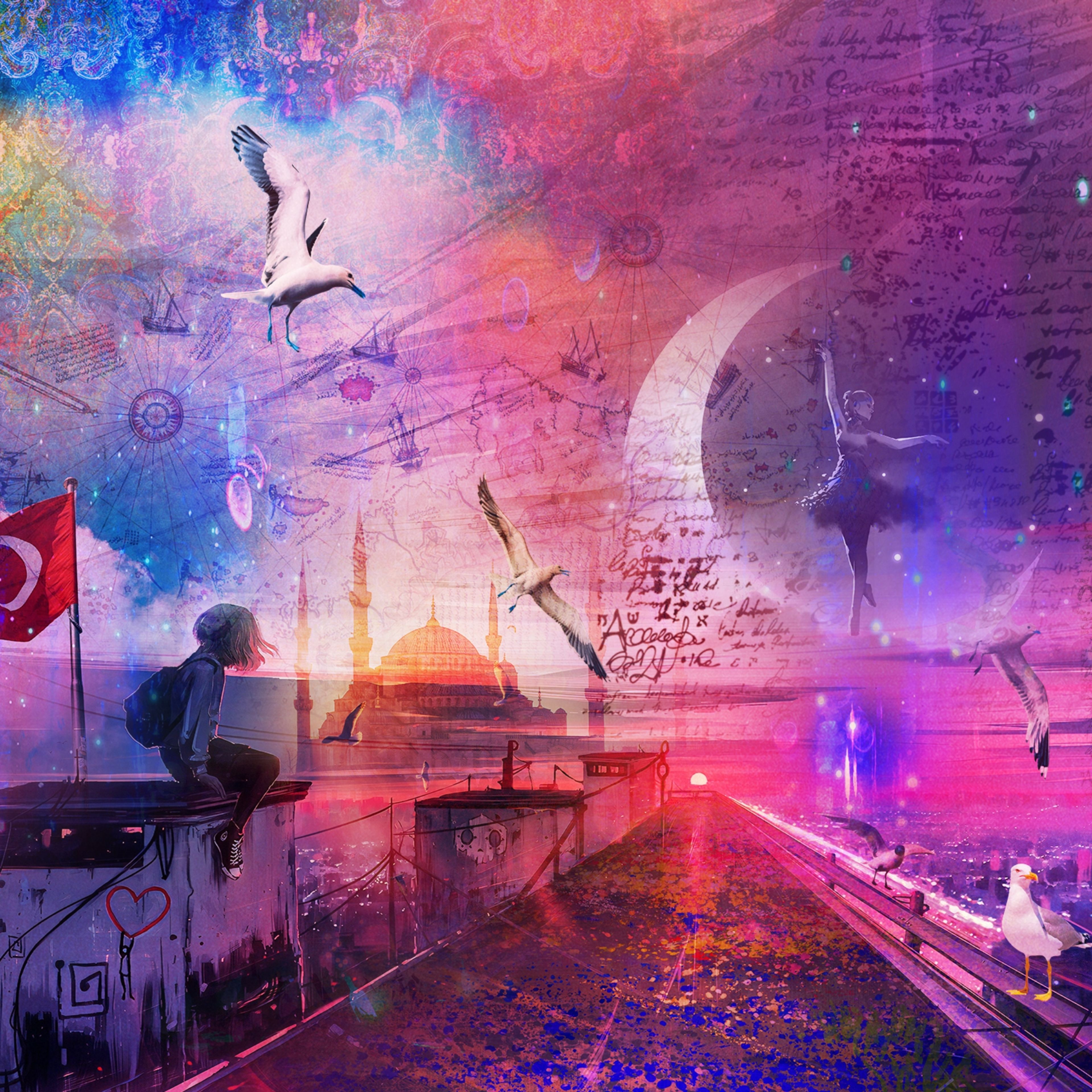Dreamlike Lokma artwork of Istanbul rooftops with mosque silhouette, crescent moon and a dancer