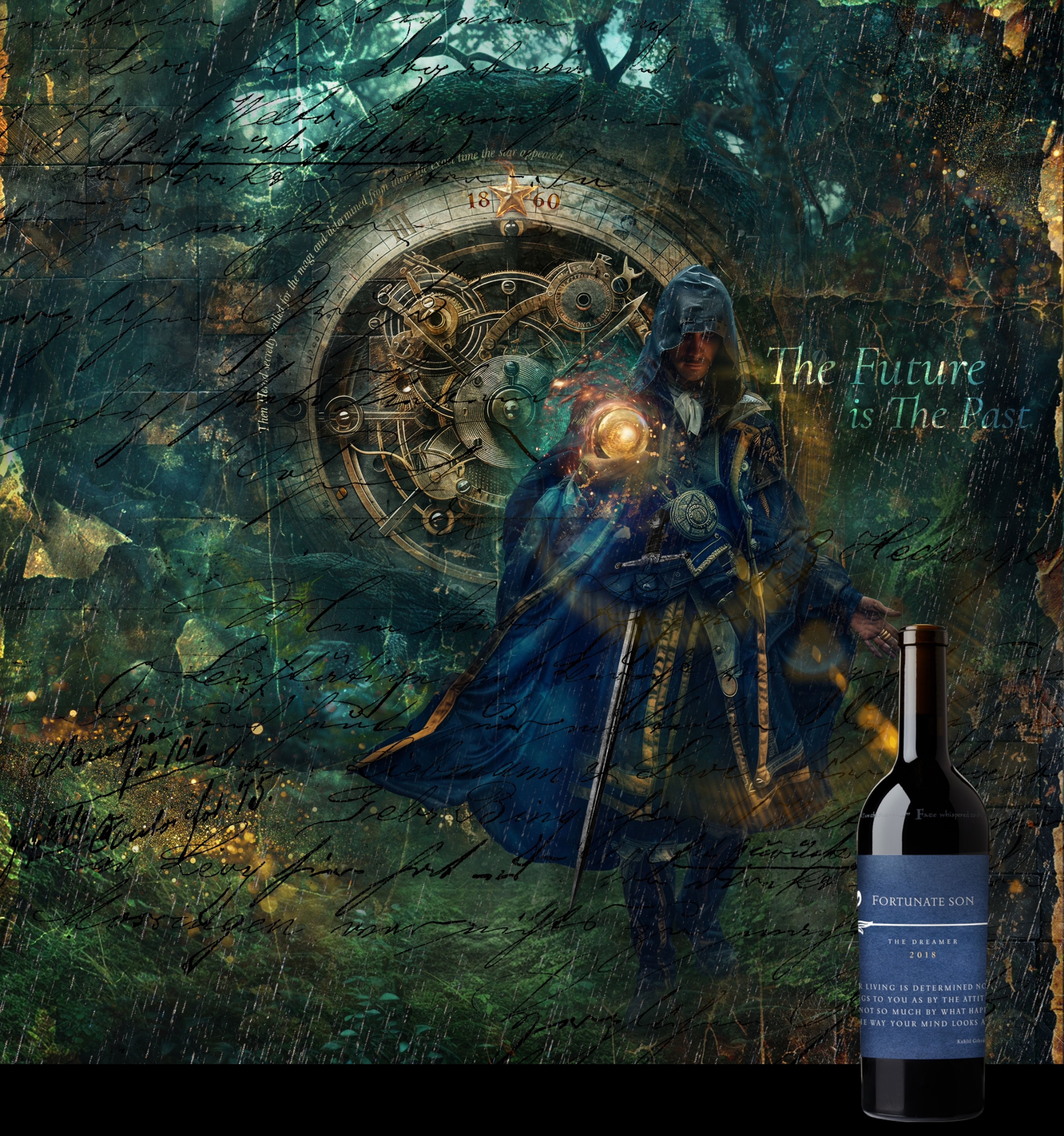 Fortunate Son wine bottle with artwork of a hooded figure holding a glowing orb and the words The Future is The Past