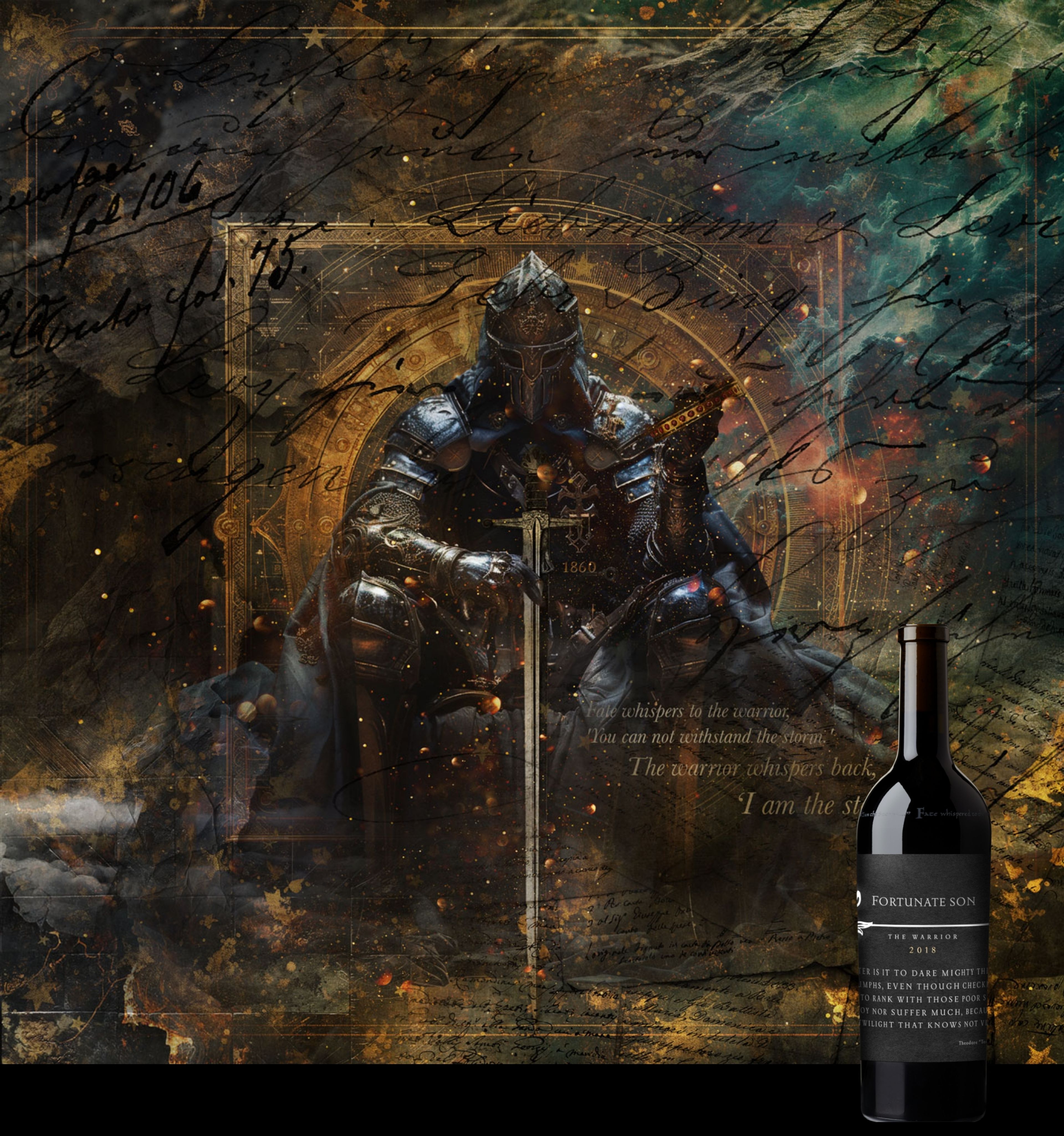 Fortunate Son The Warrior wine bottle beside its label artwork of an armoured knight seated with a sword