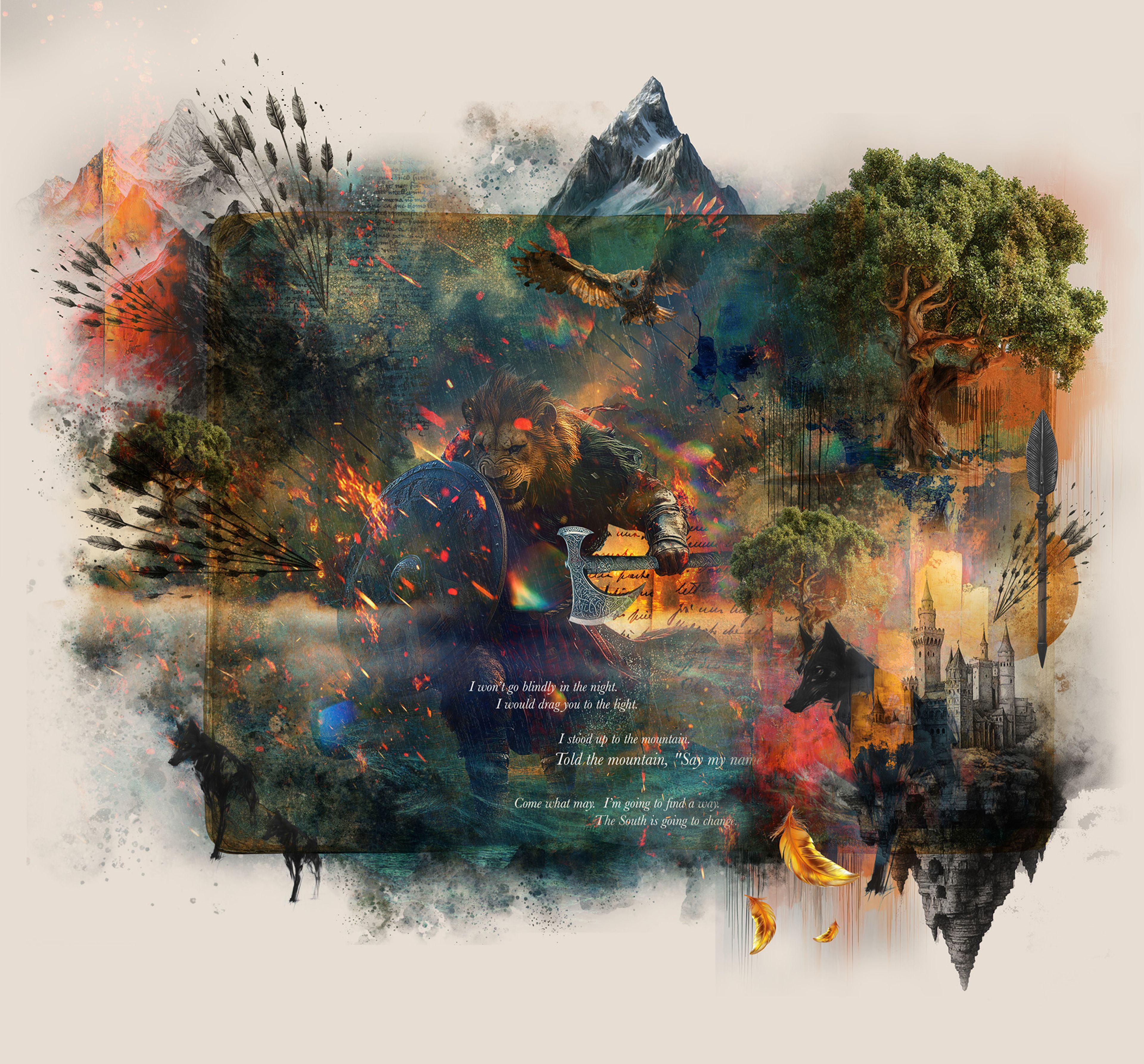 Illustrated brand collage for The Kirkmichael Arms with mountains, forest, wolves and castle imagery
