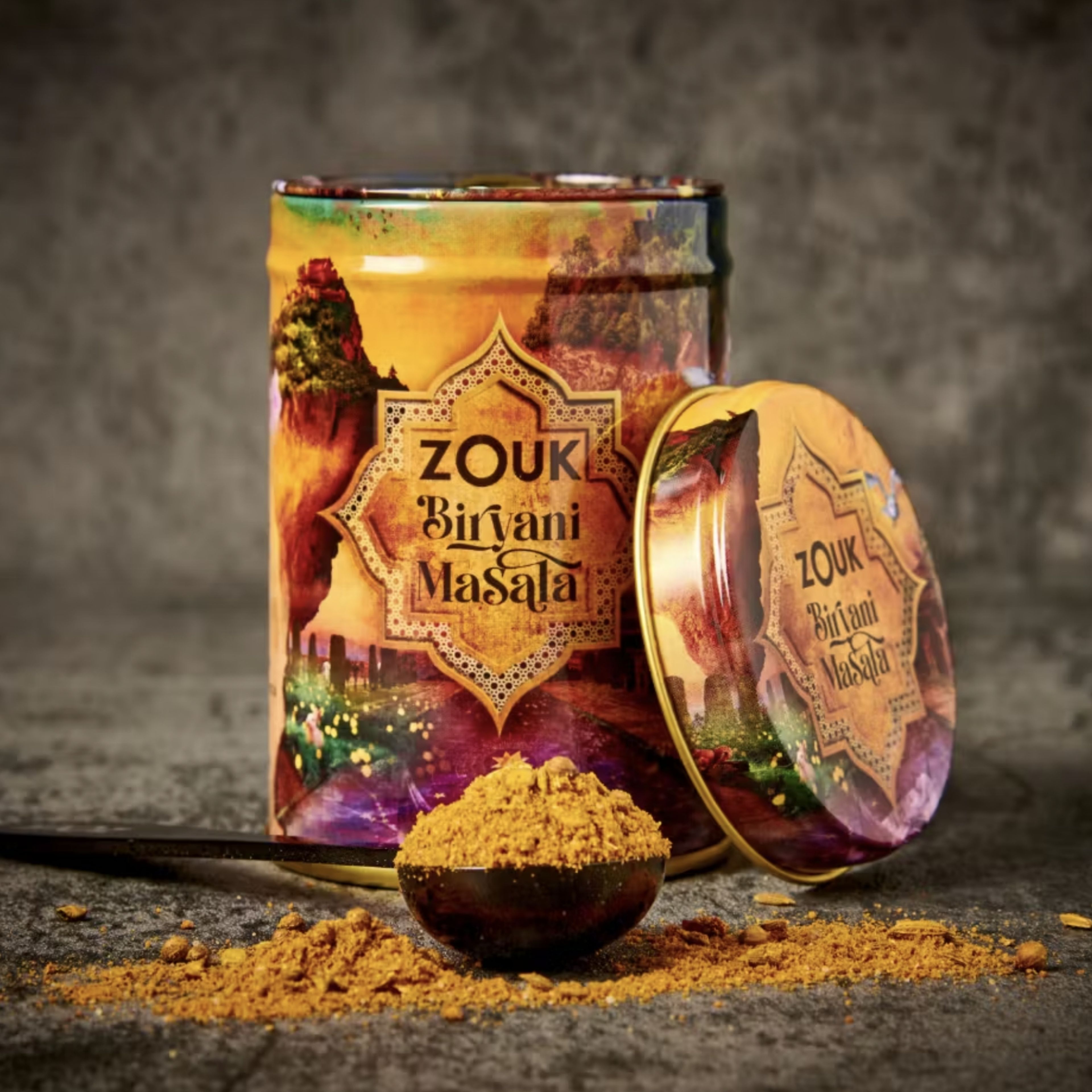 Zouk Biryani Masala spice tin packaging design with illustrated artwork and a spoonful of masala