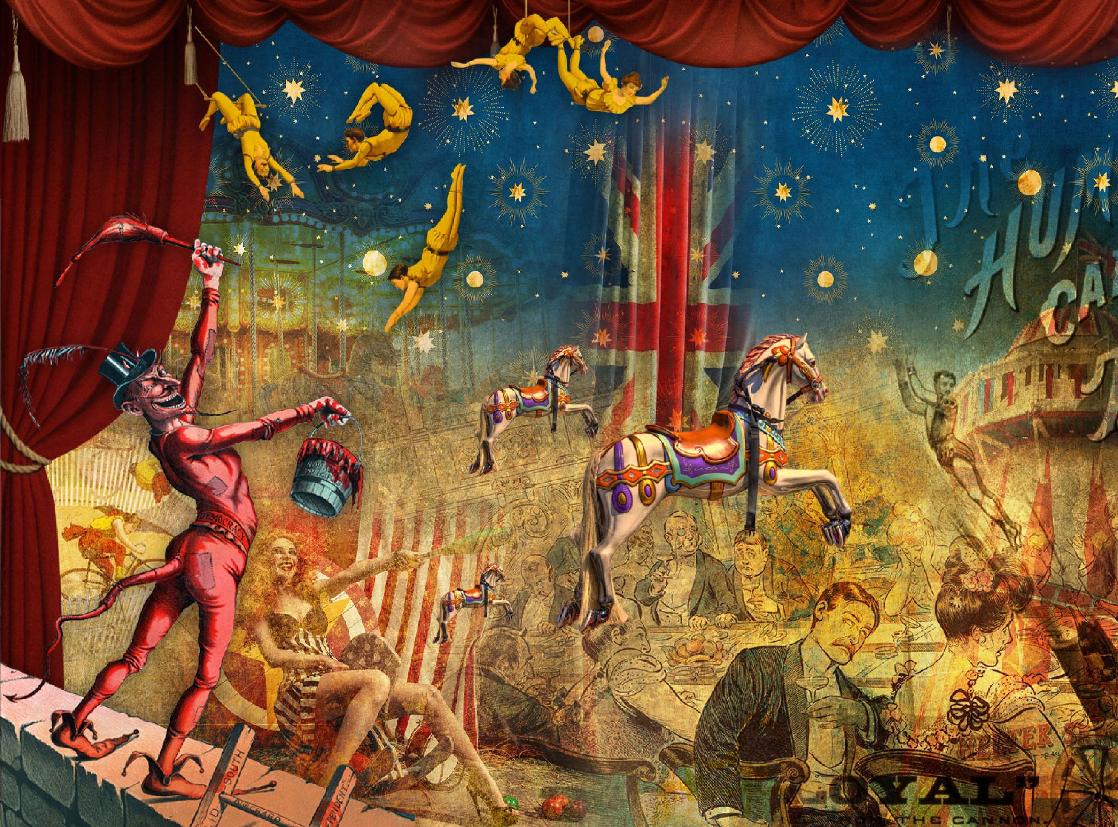Illustrated circus stage mural for Incognito Bars with acrobats, carousel horse and a devilish ringmaster