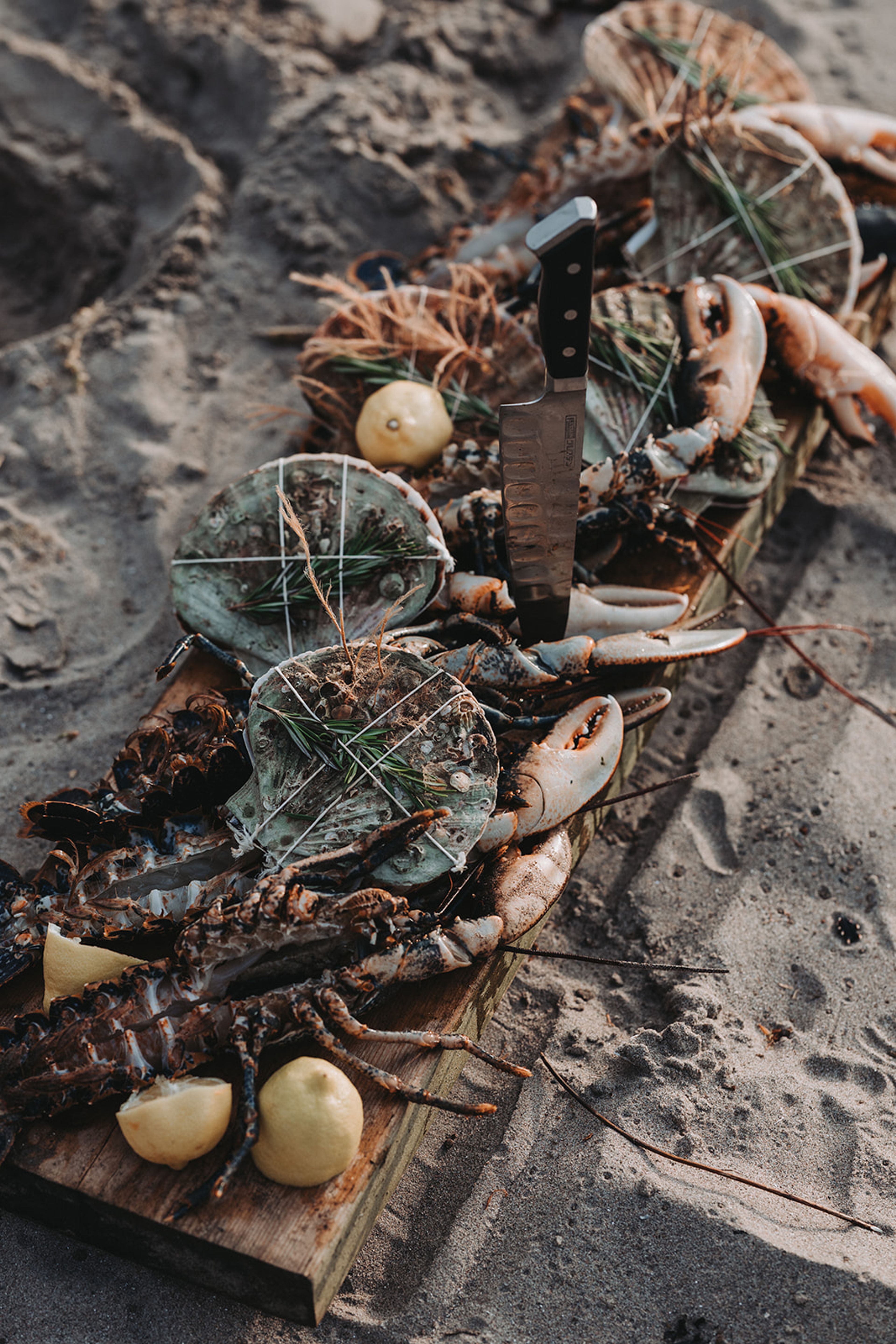 Seafood board in the sand with scallops, crab claws, langoustines, lemons and a chef's knife