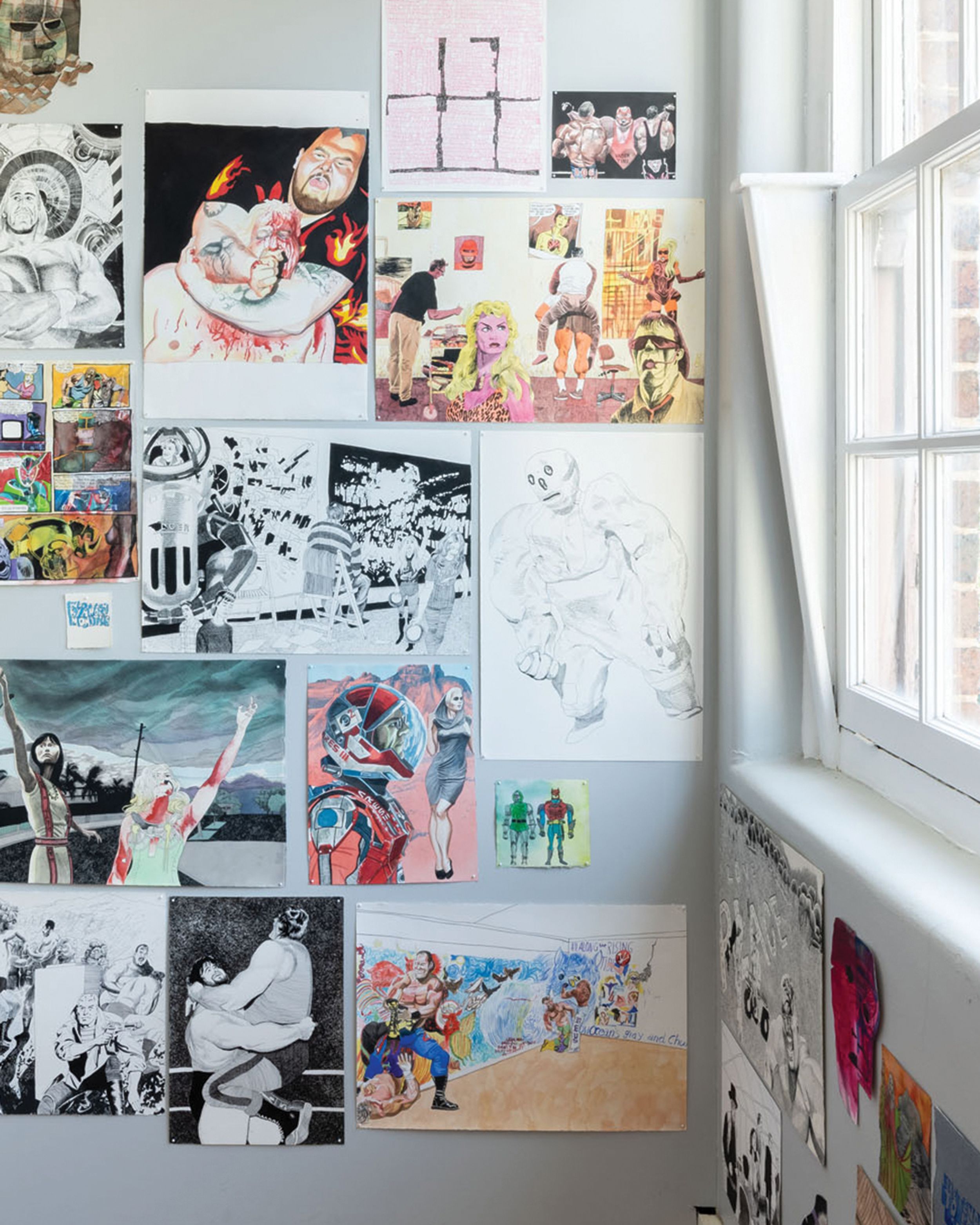 Gallery wall with a window and various graphic illustrations