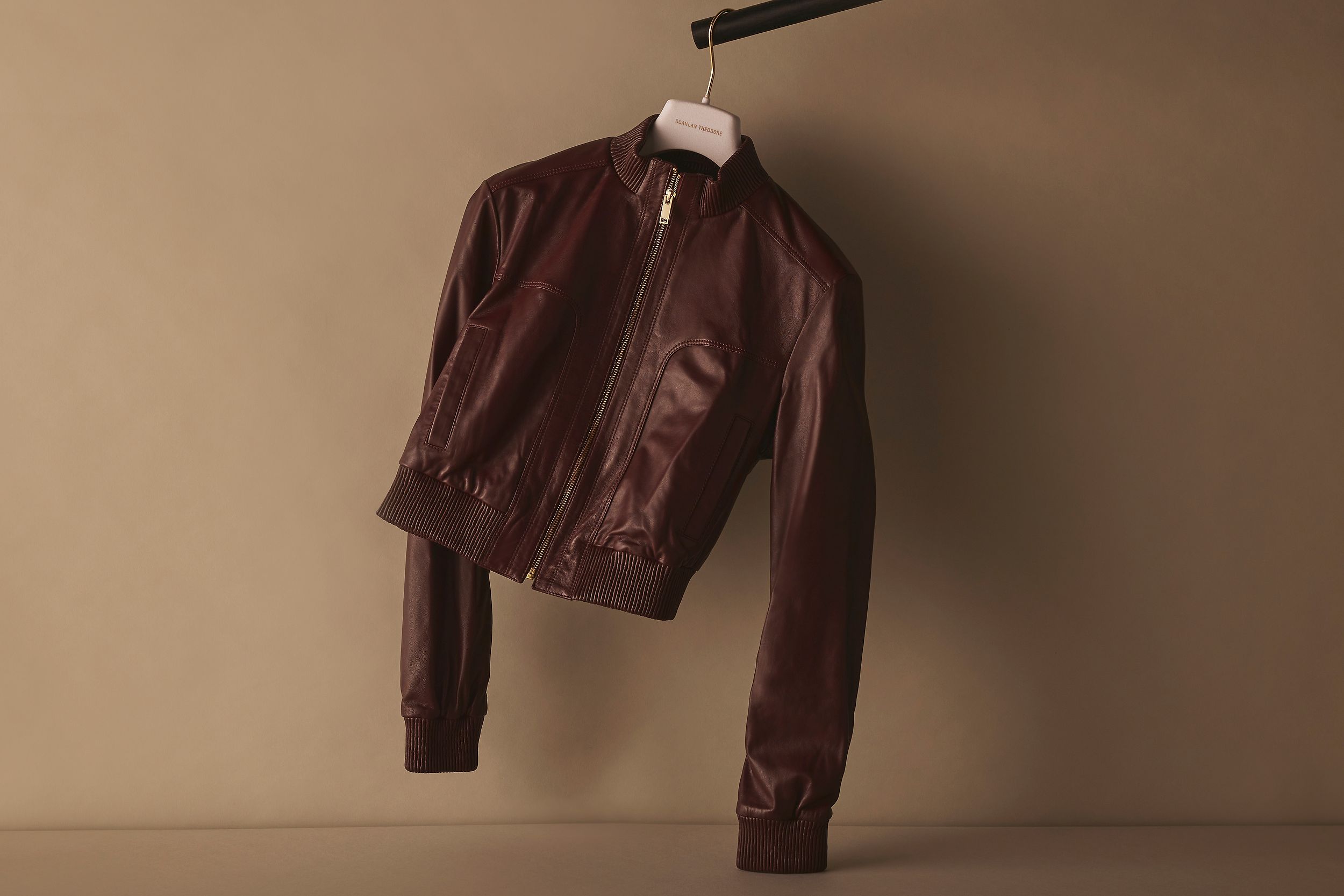 Scanlan Theodore Leather Bomber in Aubergine handing on a rail. 