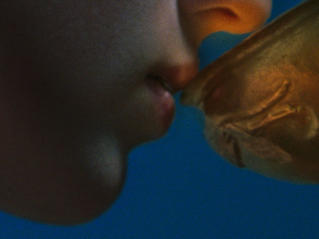 Close up of a woman's mouth touching a golden chalice with a blue background