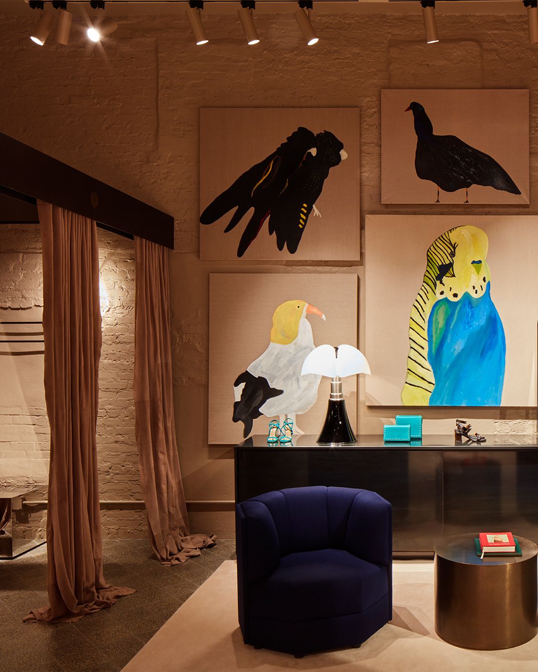 Boutique interior with four large paintings of birds, fitting rooms, a blue velvet chair and display counter with accessories