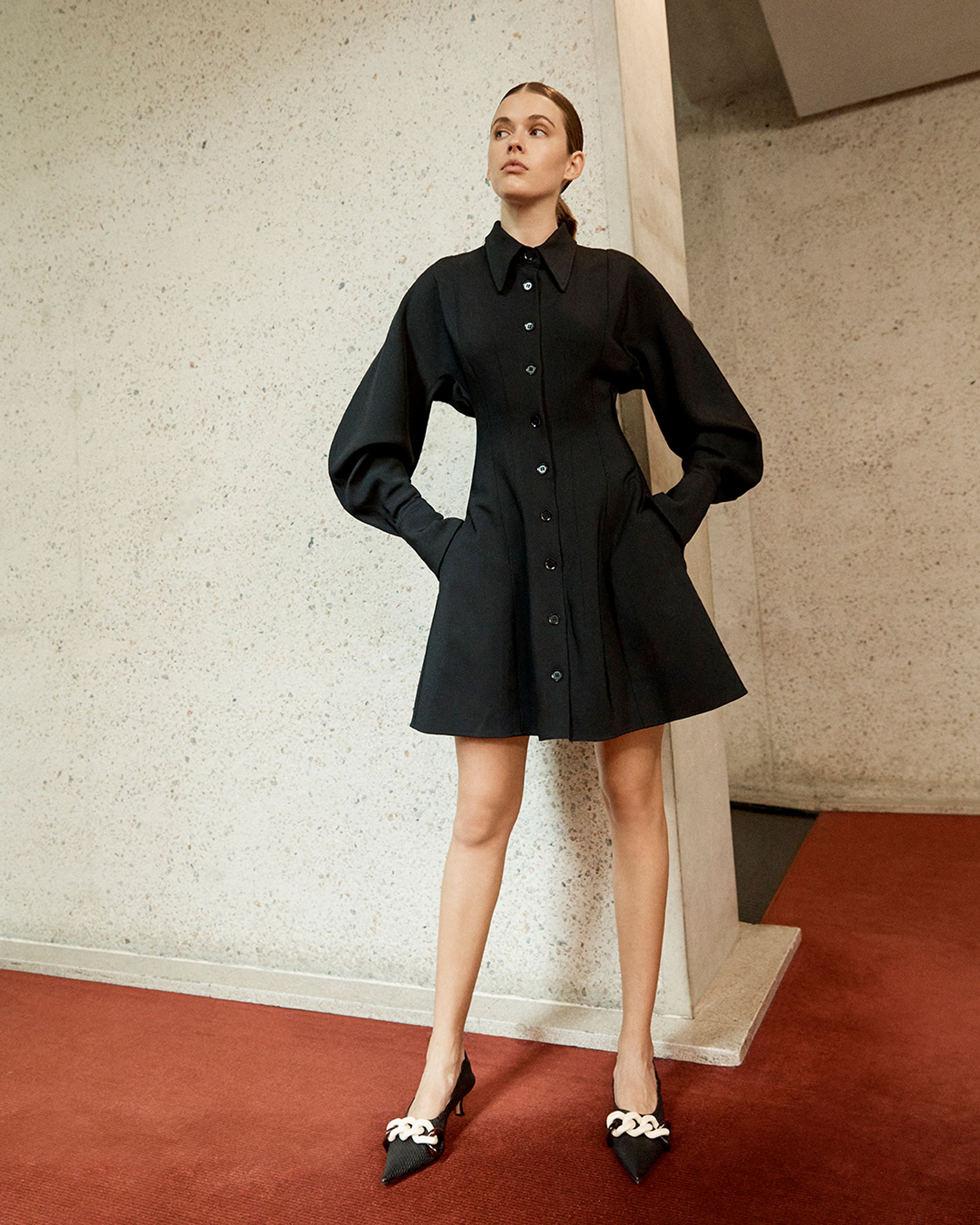 Brunette model wearing a black denim shirt dress