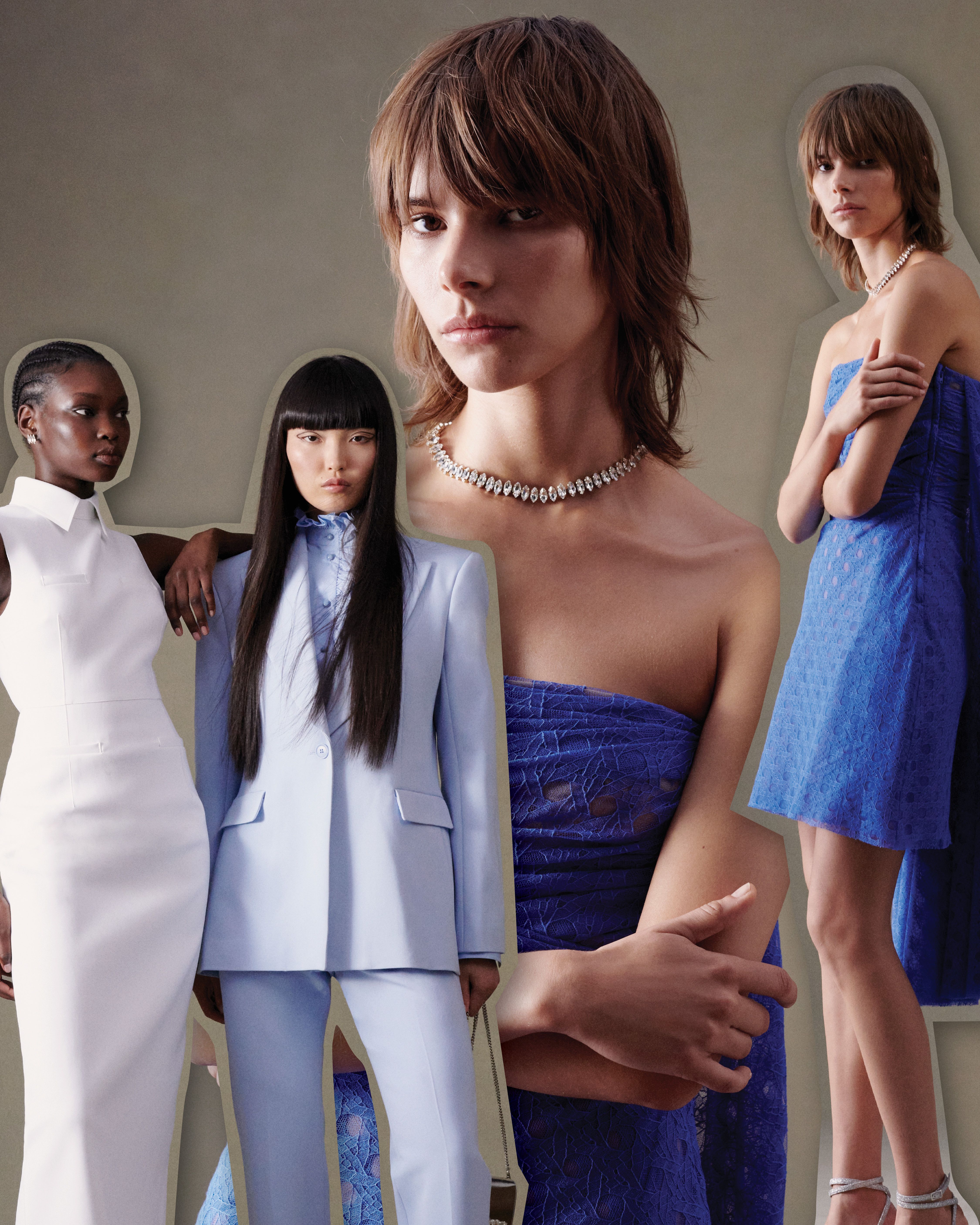 Collage of four models wearing varying shades of blue and white in dresses and tailoring