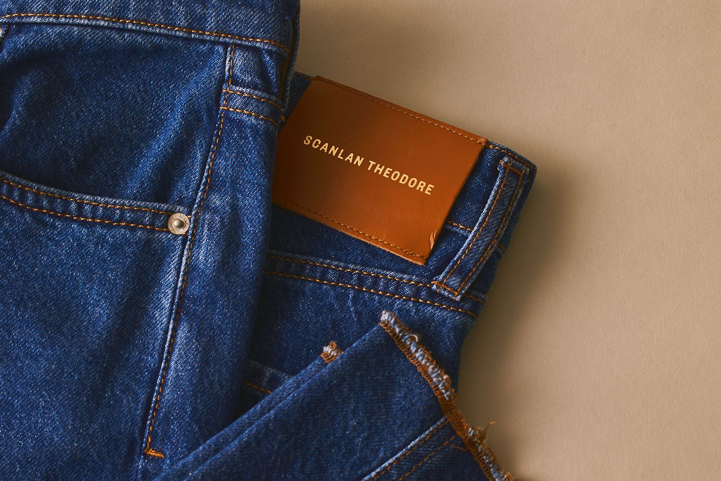 Scanlan Theodore denim jeans in a deep indigo hue and signature patch at back.