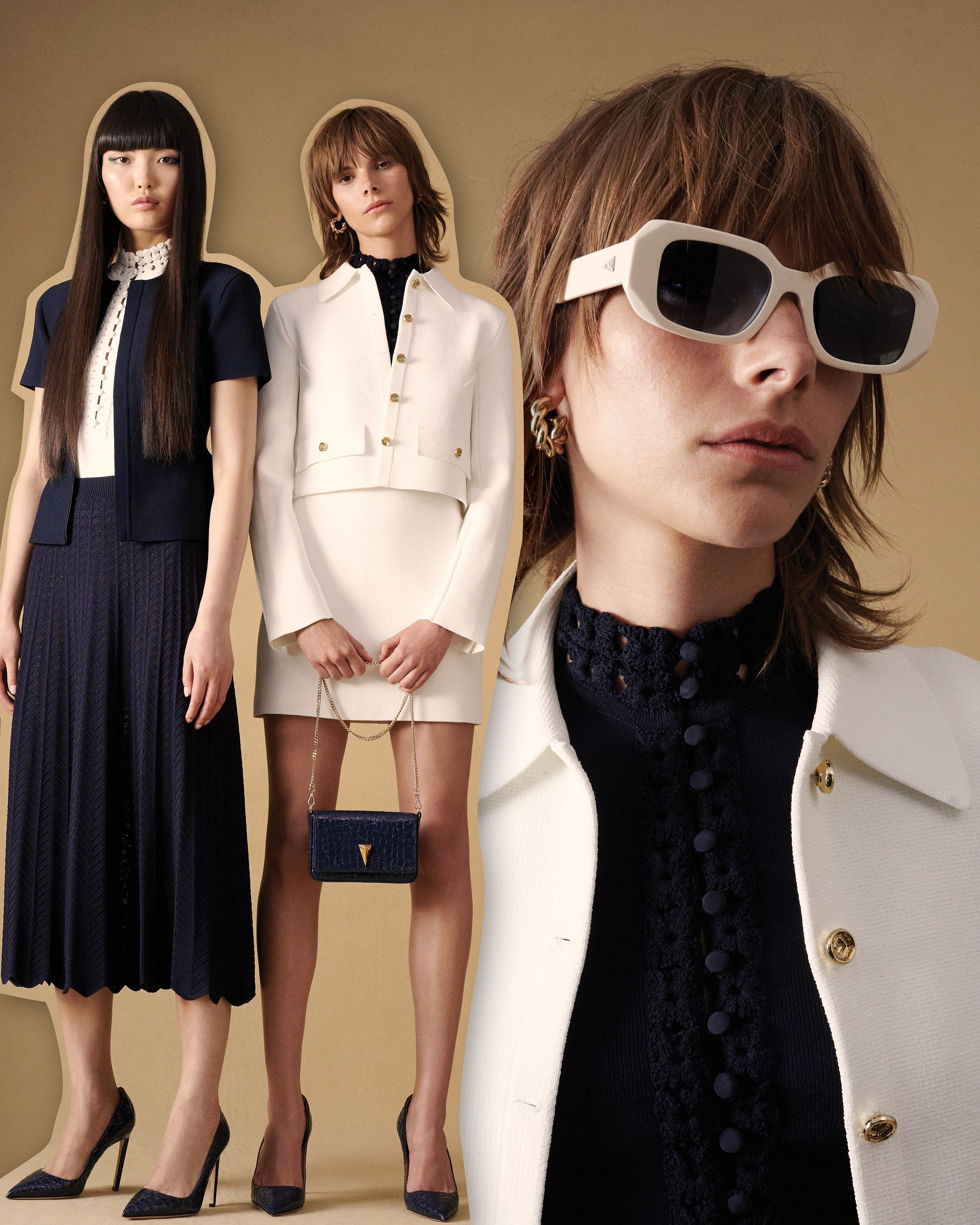 Collage of three models wearing Crepe Knit clothing in white and navy