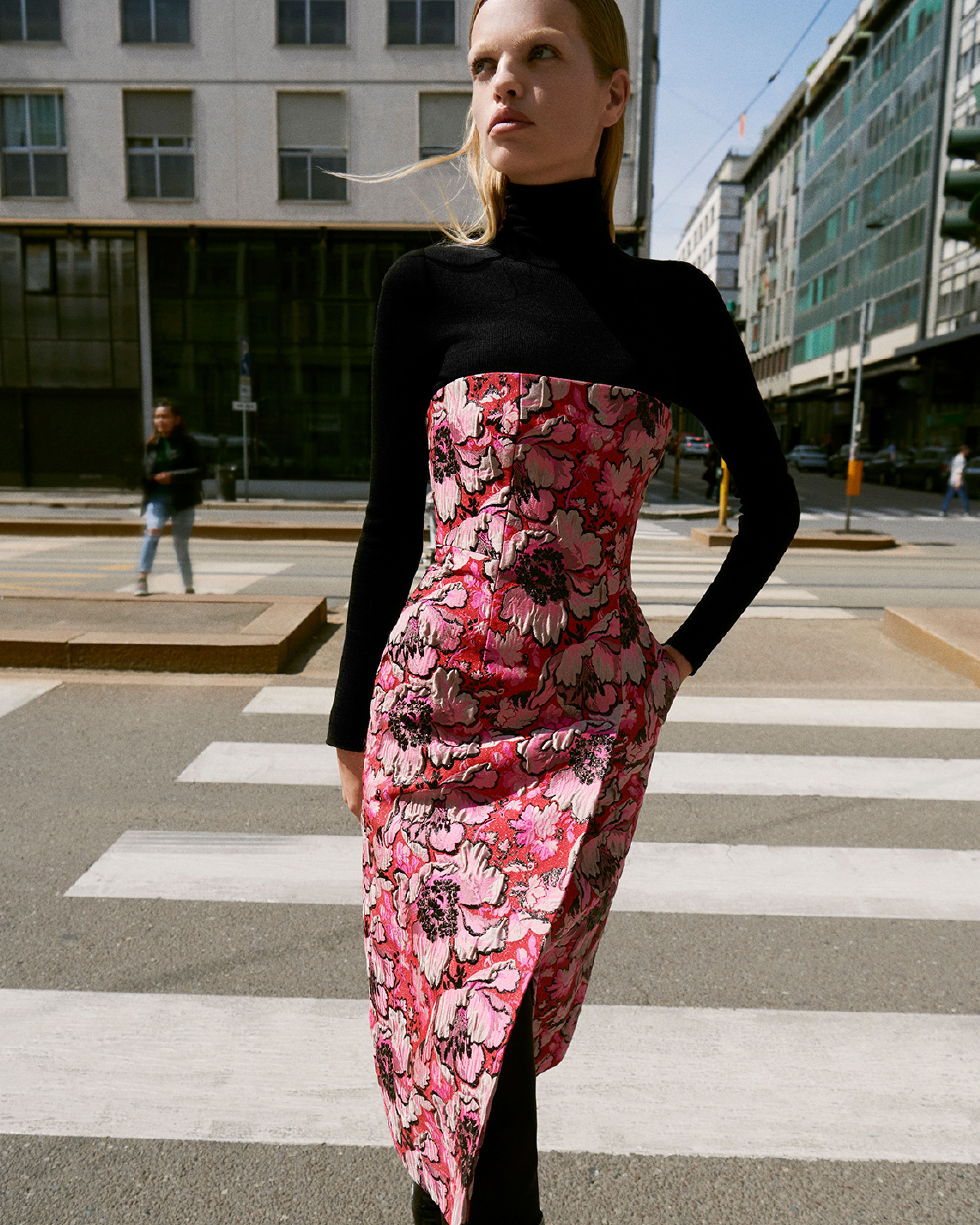 Model standing in Pink Floral Brocade Pencil Dress - Winter 2023 Part 2