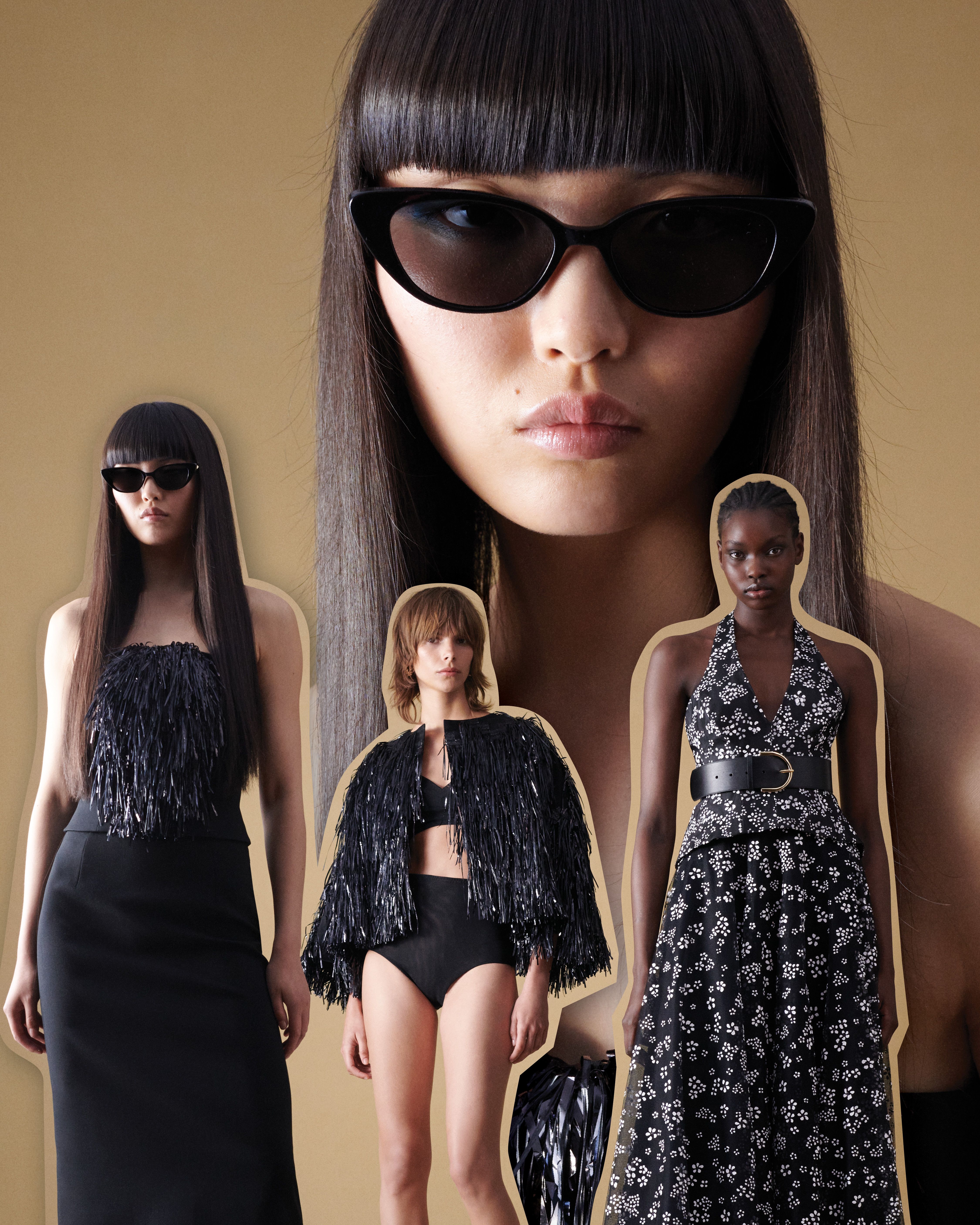 Close up of model wearing black sunglasses, with cut out images of three models overlaid on top wearing black occasionwear
