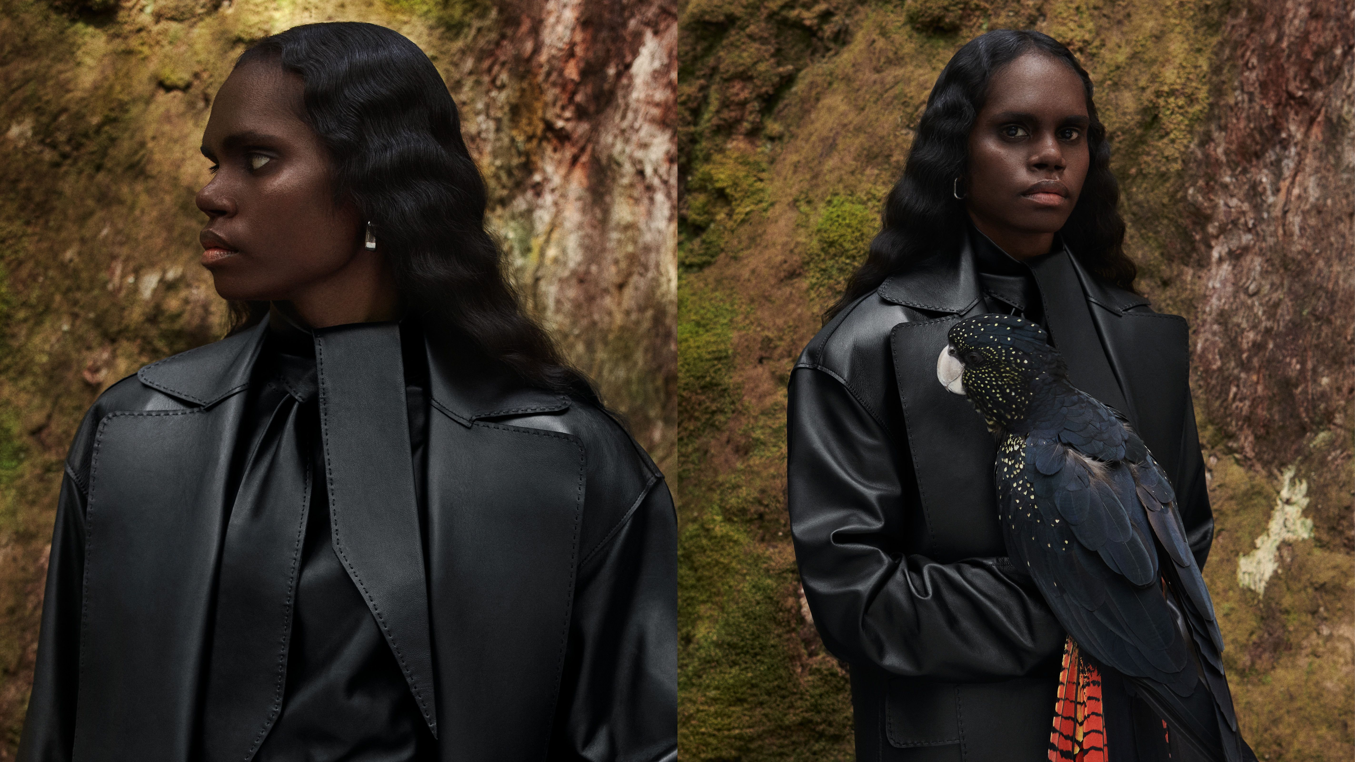Two images side by side of Tarlisa wearing a black leather top and trench coat with a cockatoo.