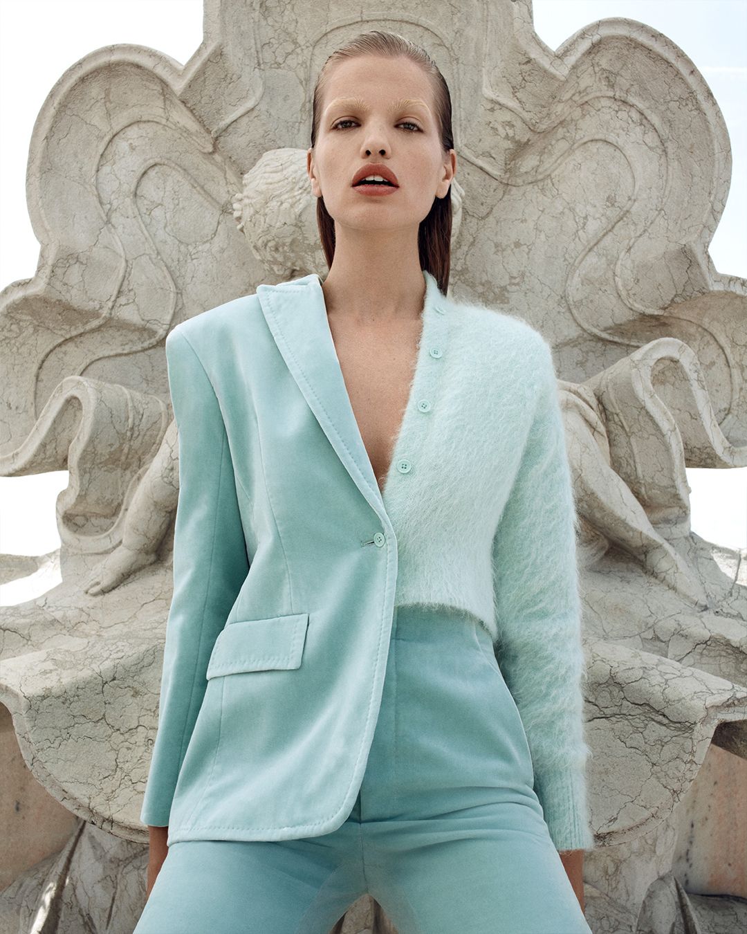 Blonde model in Mint Velvet Jacket, Mint Cropped Mohair Cardigan - Winter 2023 Part 2